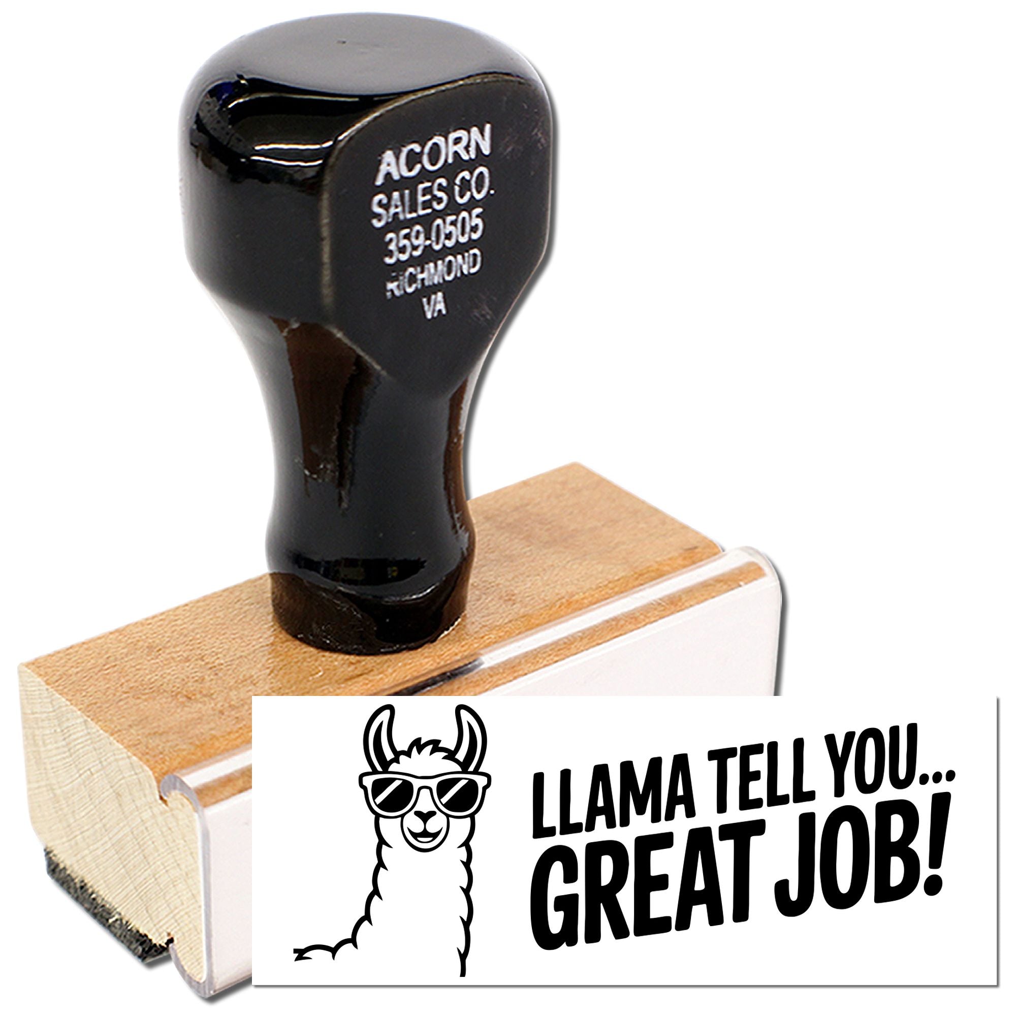 Custom rubber stamp with llama Llama tell you... Great Job! imprint on a wooden mount, perfect for teacher and office stamping.