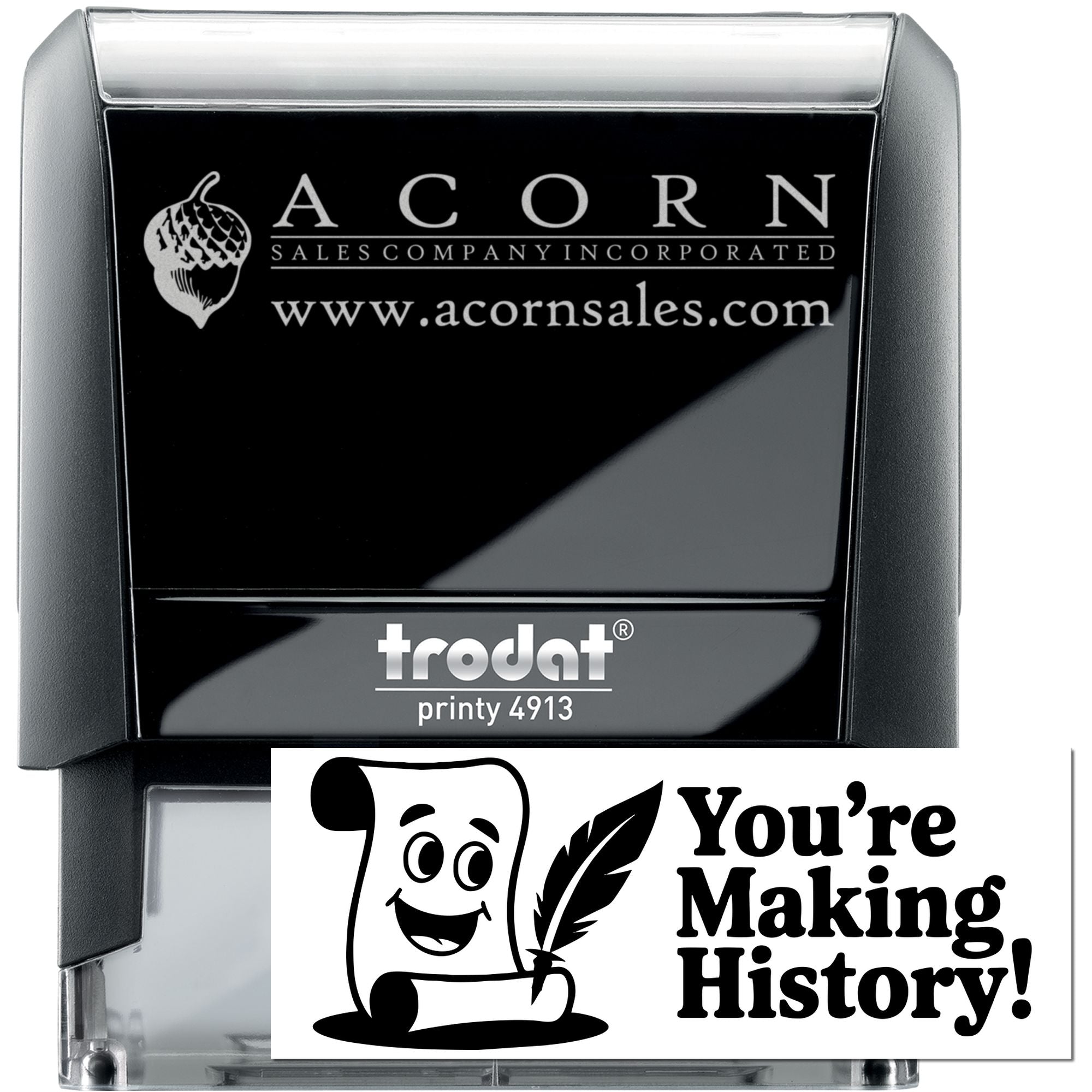 Custom Trodat Printy 4913 self-inking rubber stamp with Acorn Sales Company logo and personalized imprint design.