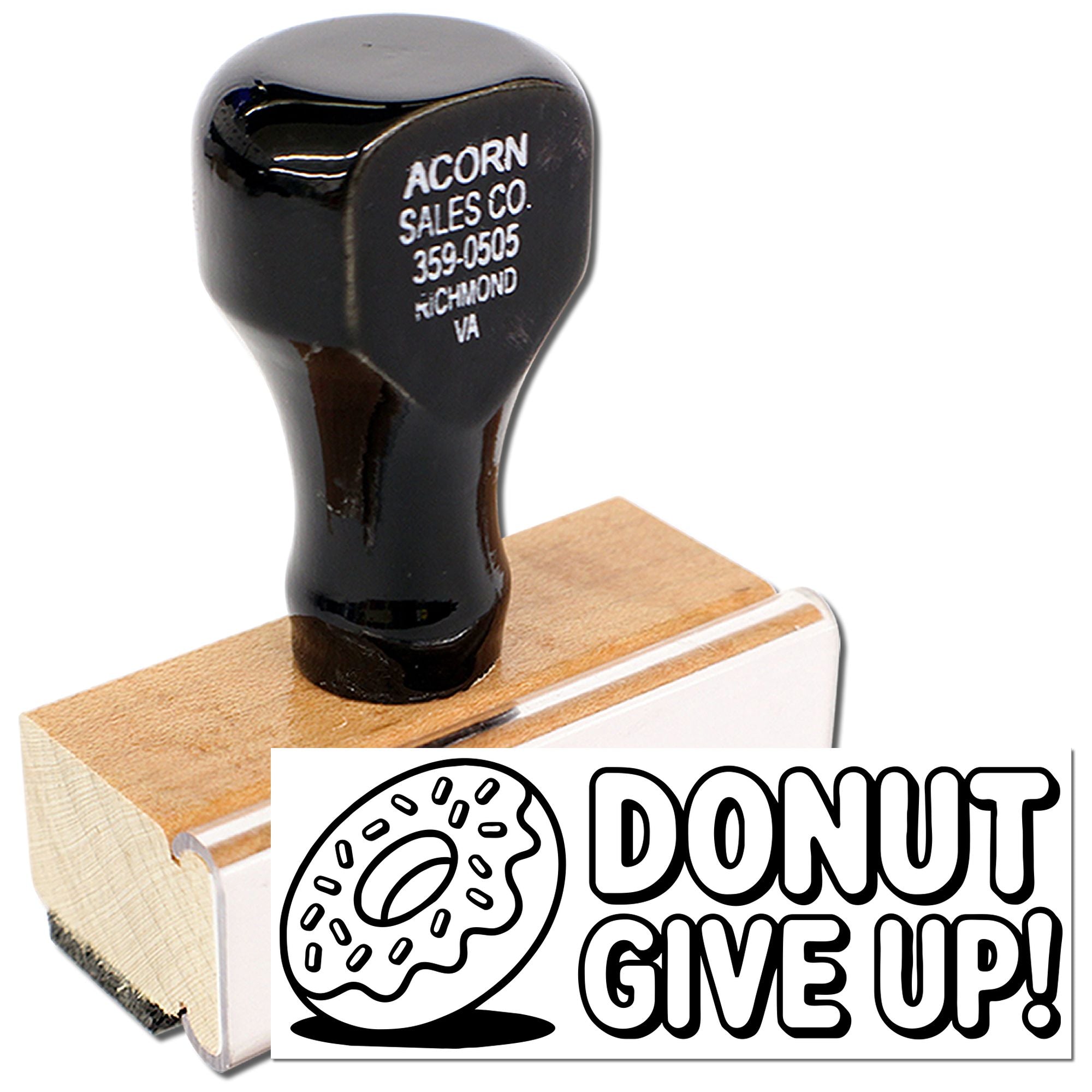Custom rubber stamp with donut design and Donut Give Up message for bakery packaging, branding, and motivational crafts.