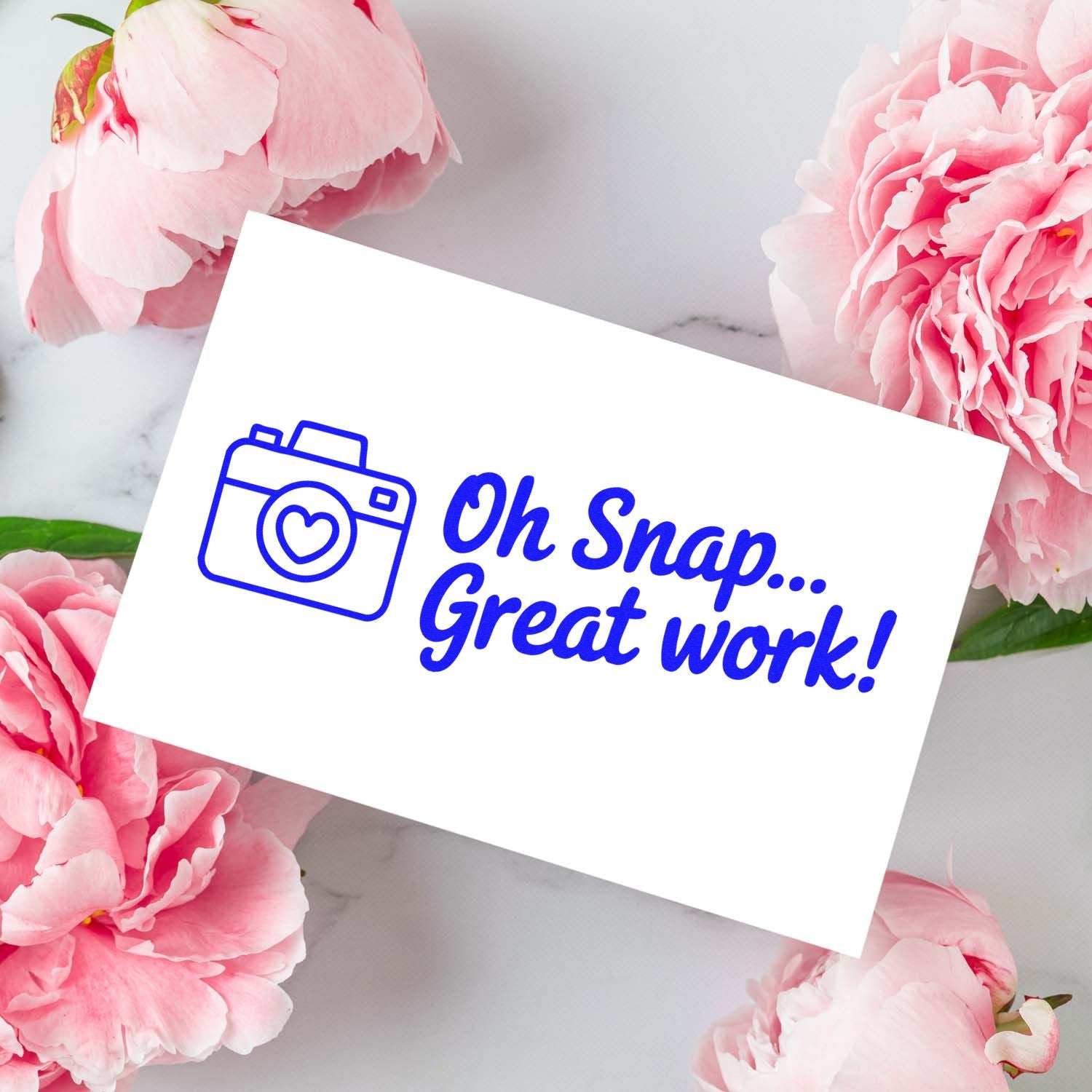 Camera rubber stamp with Oh Snap... Great work! for photo-themed praise cards and teacher reward stamping.