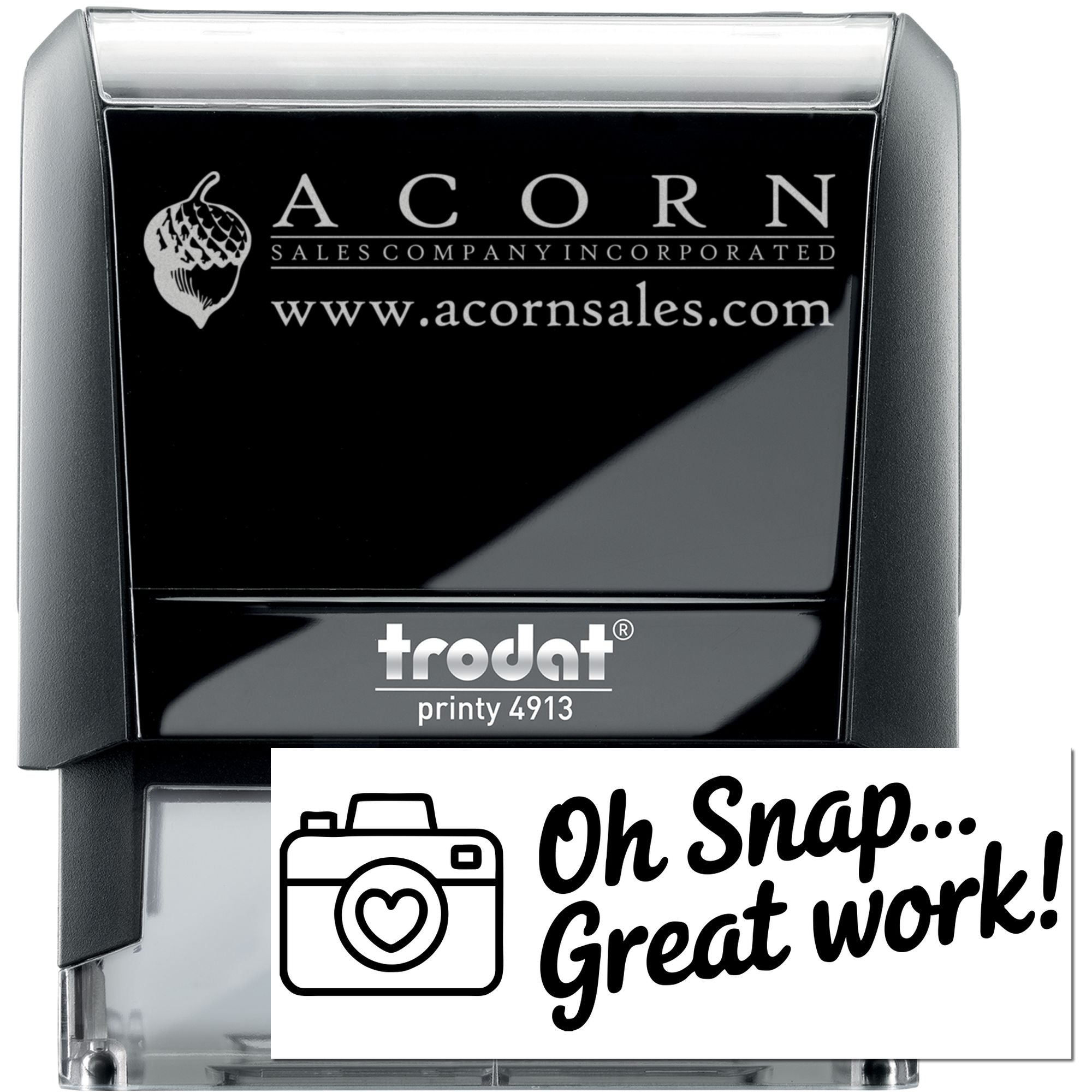 Custom Trodat Printy 4913 self-inking rubber stamp for business branding, featuring Acorn Sales Company logo and website.