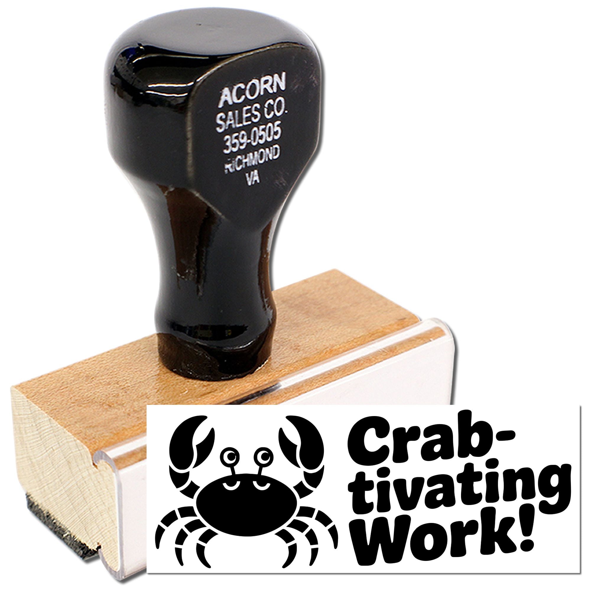 Custom rubber stamp with crab graphic and Crab-tivating Work! message for fun employee recognition or office rewards.