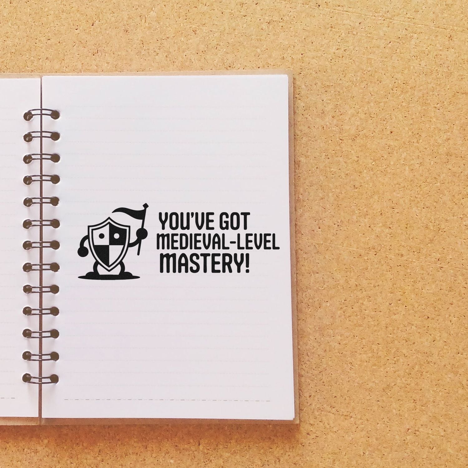 Medieval-themed rubber stamp reading Youve Got Medieval-Level Mastery! for rewarding student achievement and classroom success.
