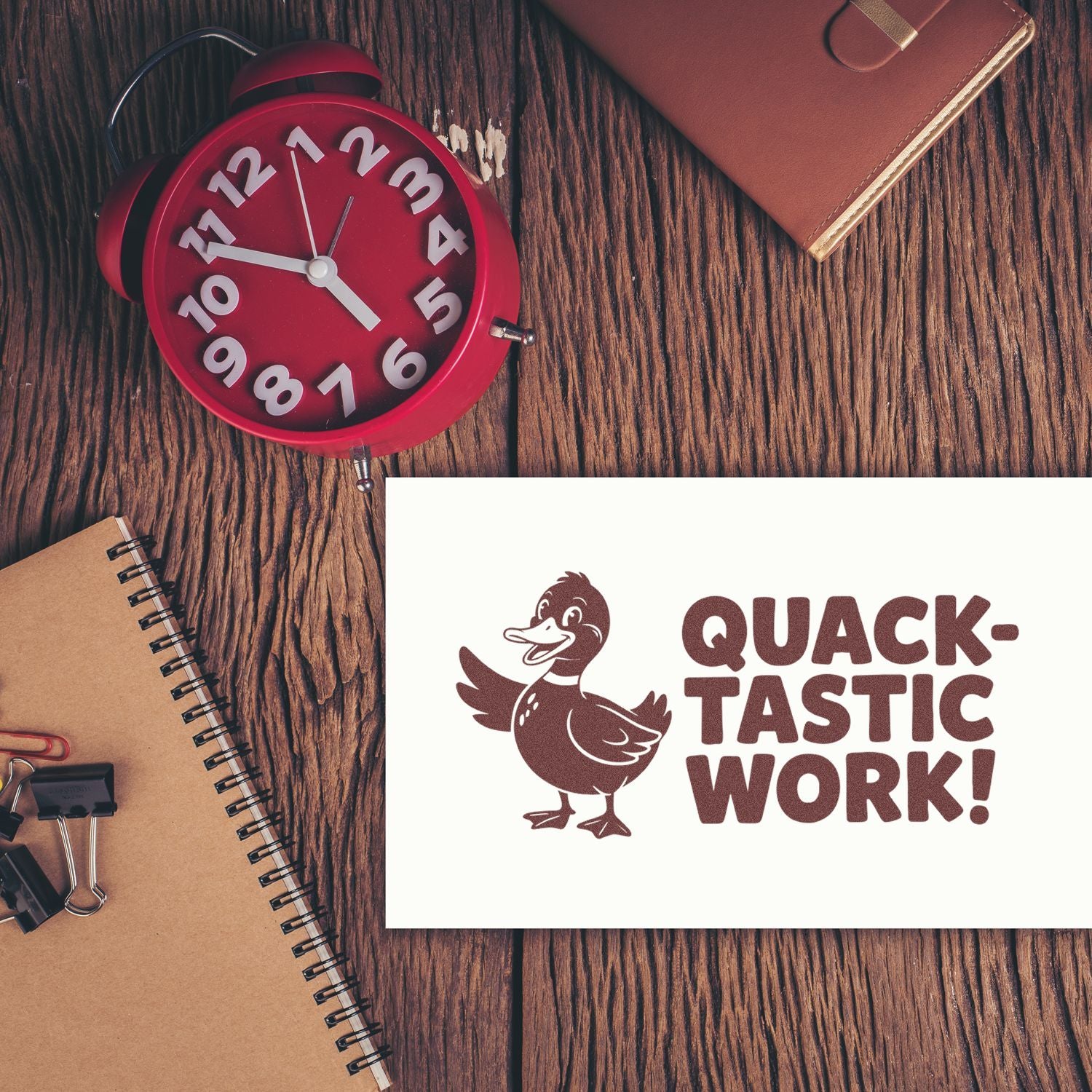 Duck-themed rubber stamp reading Quack-tastic Work! for office, teacher, or reward stamping.
