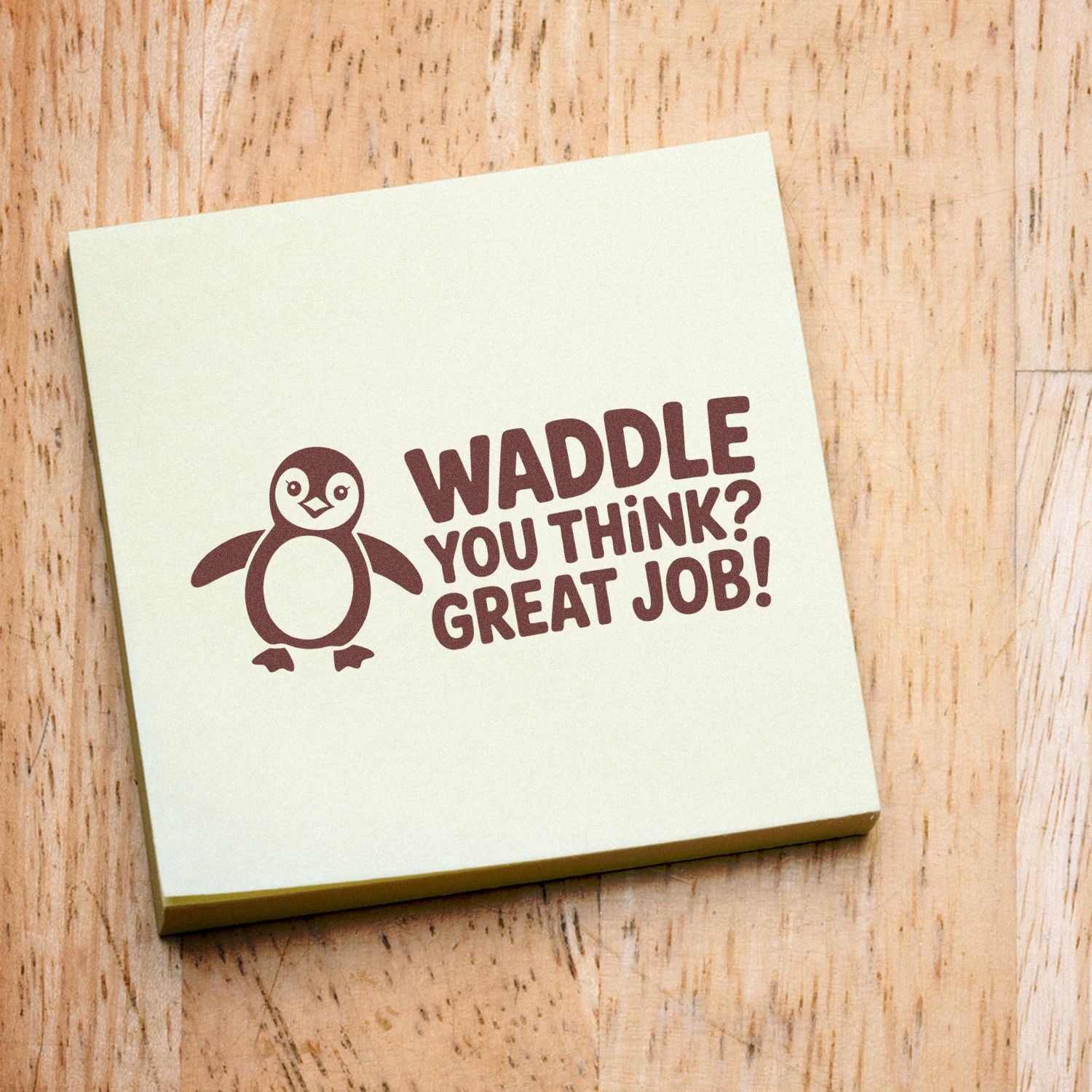 Penguin rubber stamp with Waddle You Think? Great Job! message, ideal for teacher feedback and custom craft stamping.