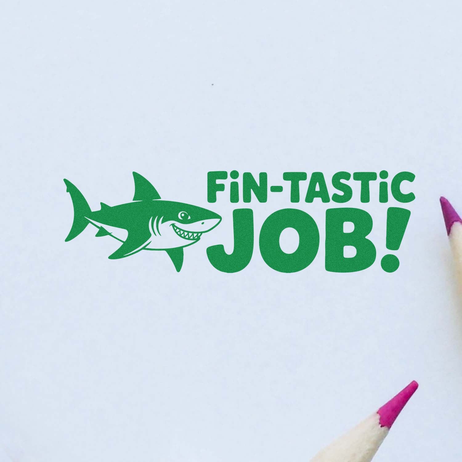 Shark rubber stamp saying Fin-tastic Job! in green for teachers, grading, and encouraging student work.