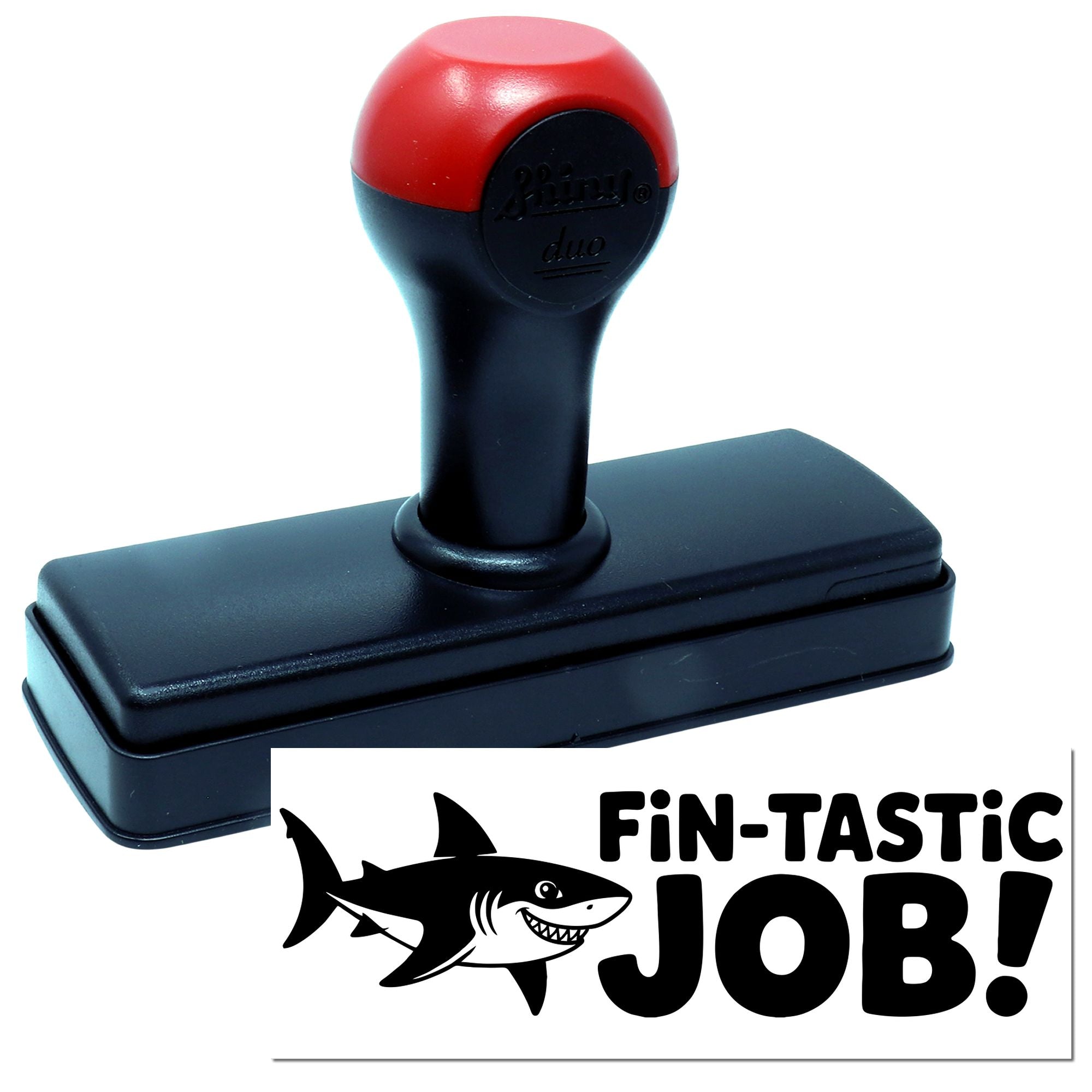 Self-inking rubber stamp with shark Fin-Tastic Job! design for teacher rewards, office use, and fun positive feedback.