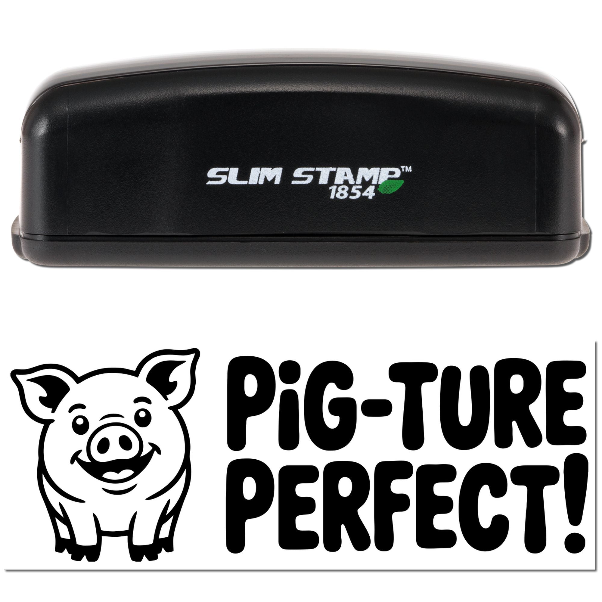 Slim Stamp 1854 custom rubber stamp with pig icon and Pig-Ture Perfect! design for farm-themed branding.