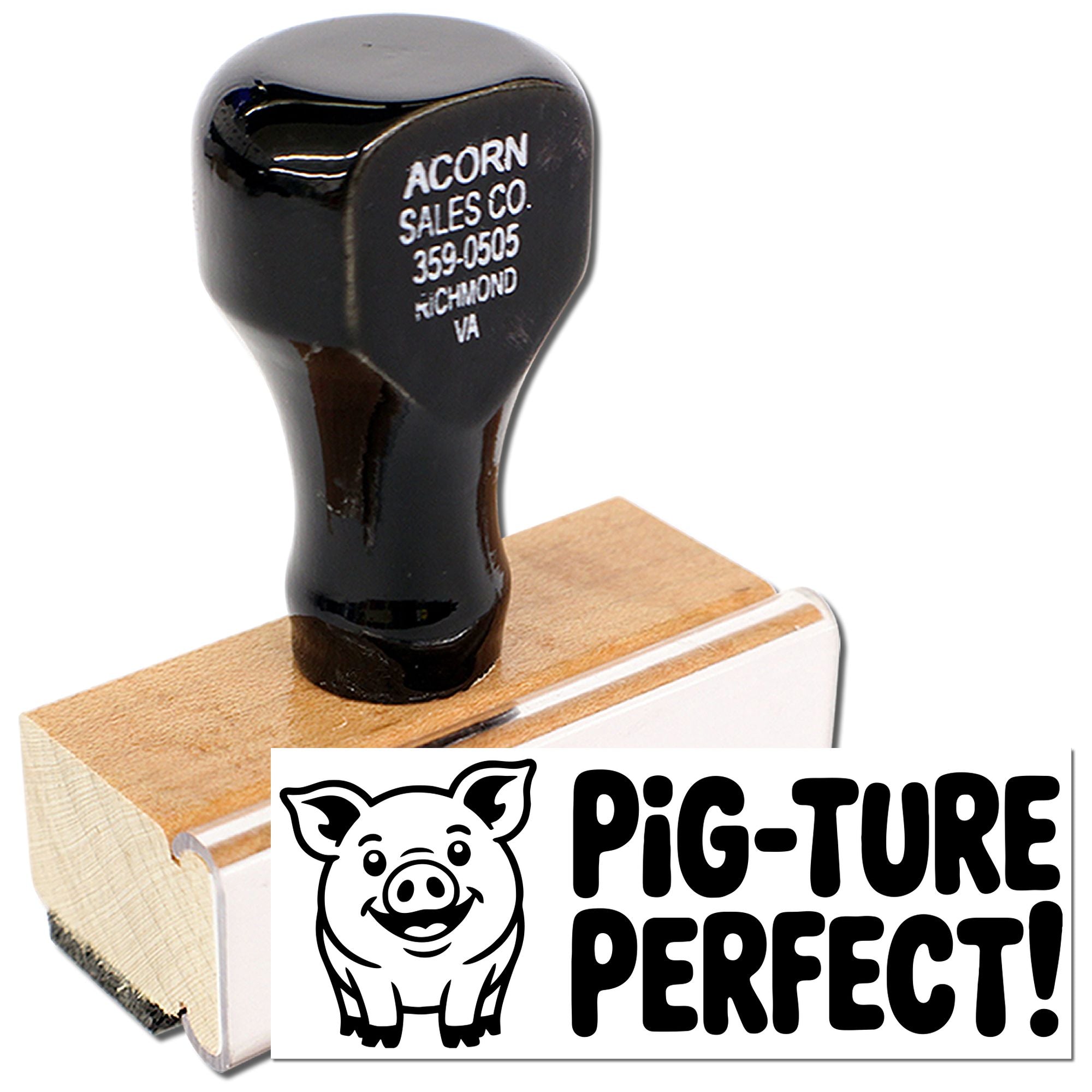 Custom wood handle rubber stamp with Pig-Ture Perfect pig design for farm-themed branding and packaging.