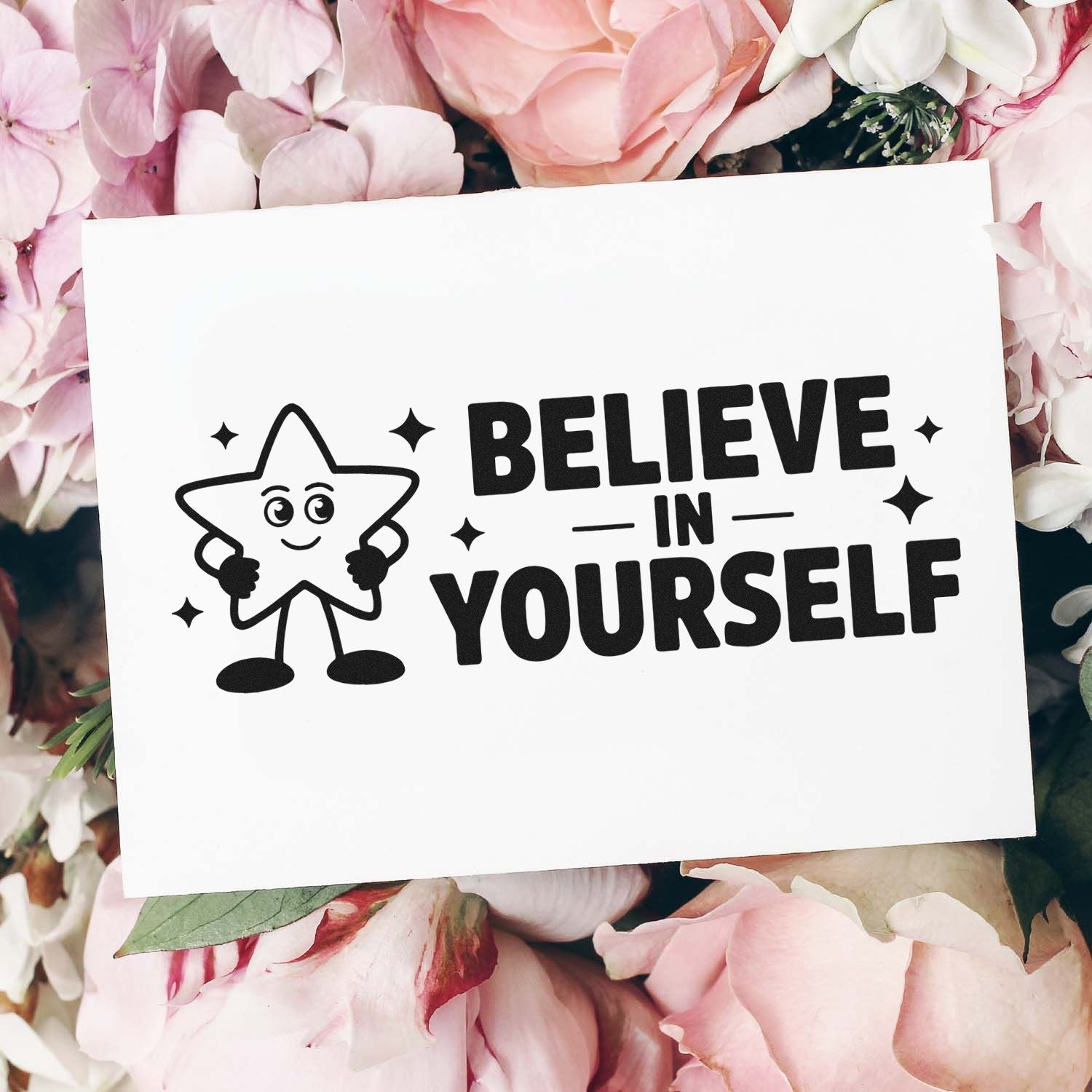 Believe in Yourself rubber stamp design with smiling star character, ideal for motivational craft projects and handmade cards.
