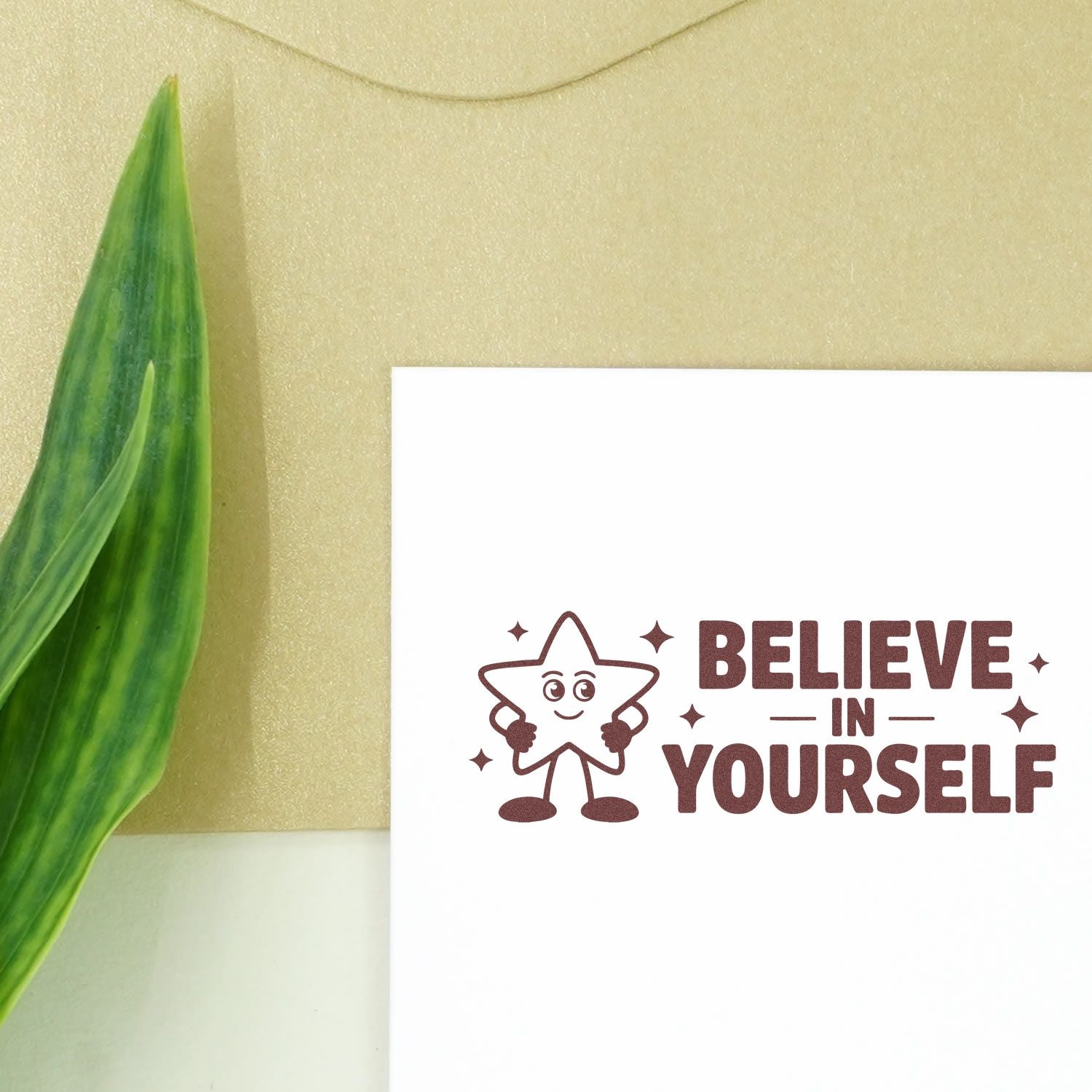 Motivational rubber stamp with smiling star and Believe in Yourself text for inspirational crafts and handmade cards