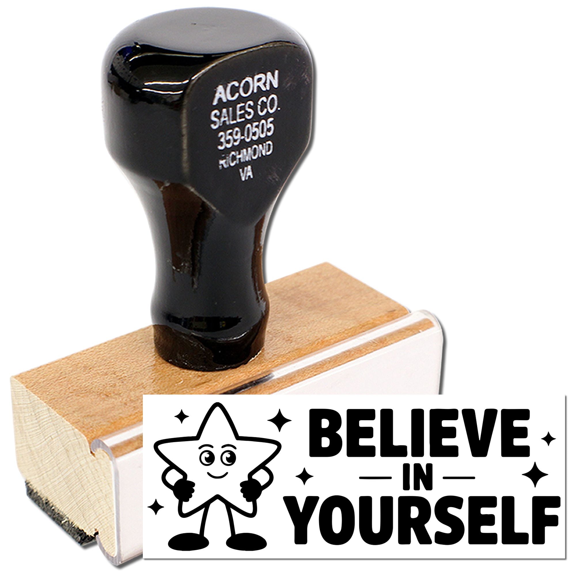 Believe in Yourself rubber stamp for motivational crafts, packaging, and DIY projects with a fun star character design.