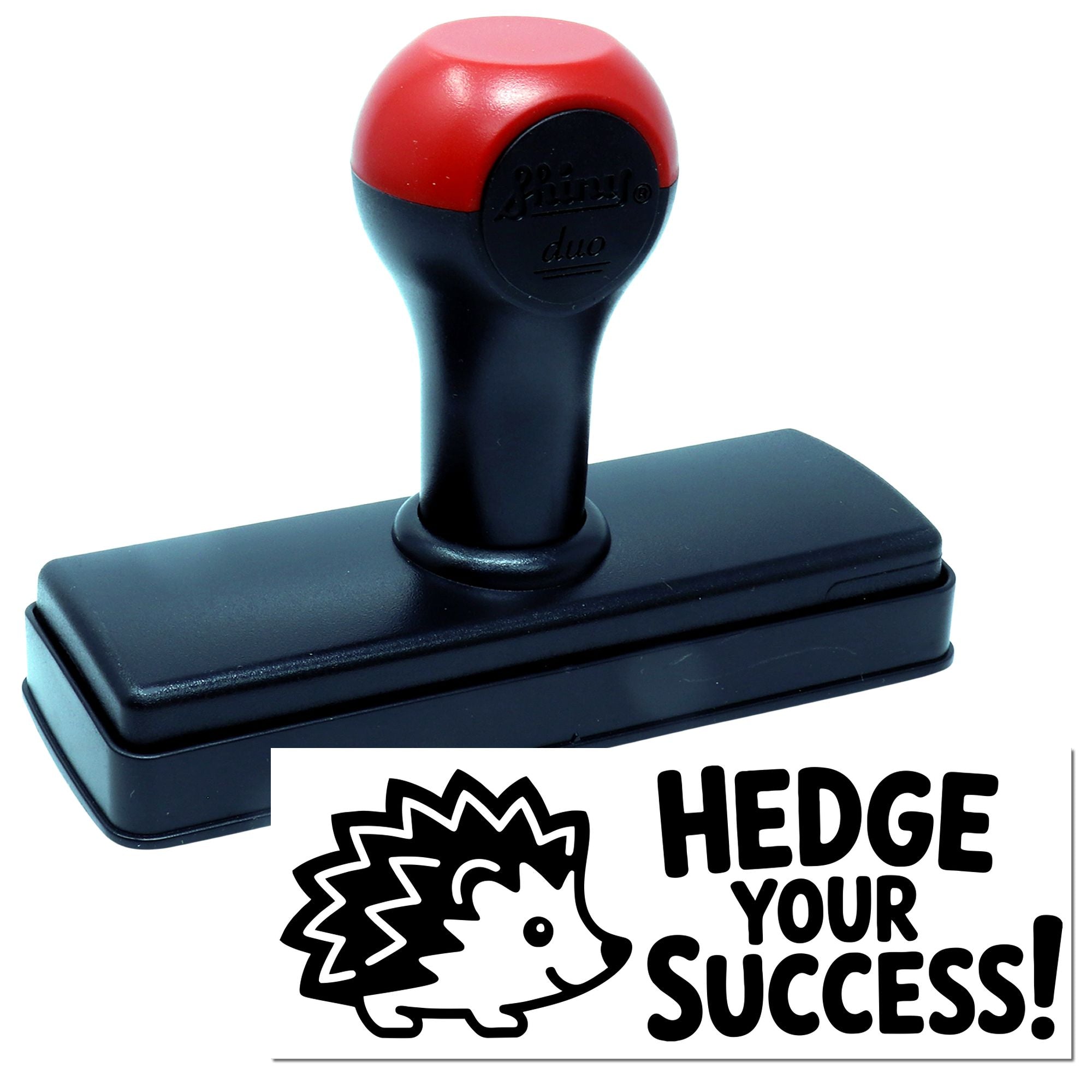 Self-inking rubber stamp with hedgehog design and Hedge Your Success! for business branding and motivational stamping.