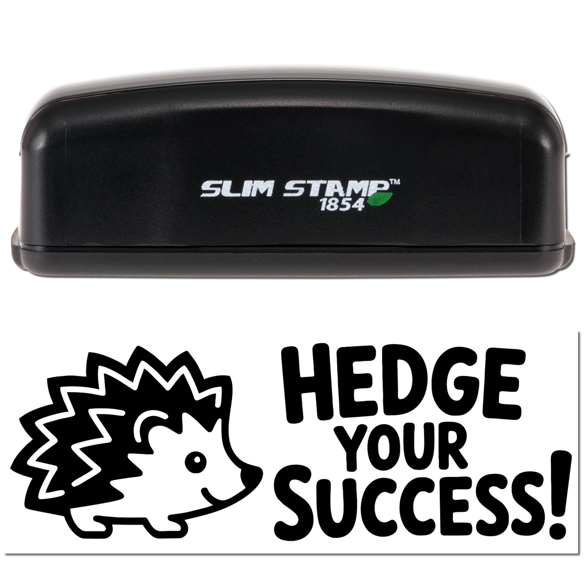 Slim Stamp self-inking rubber stamp with hedgehog design and Hedge Your Success! message for business branding.