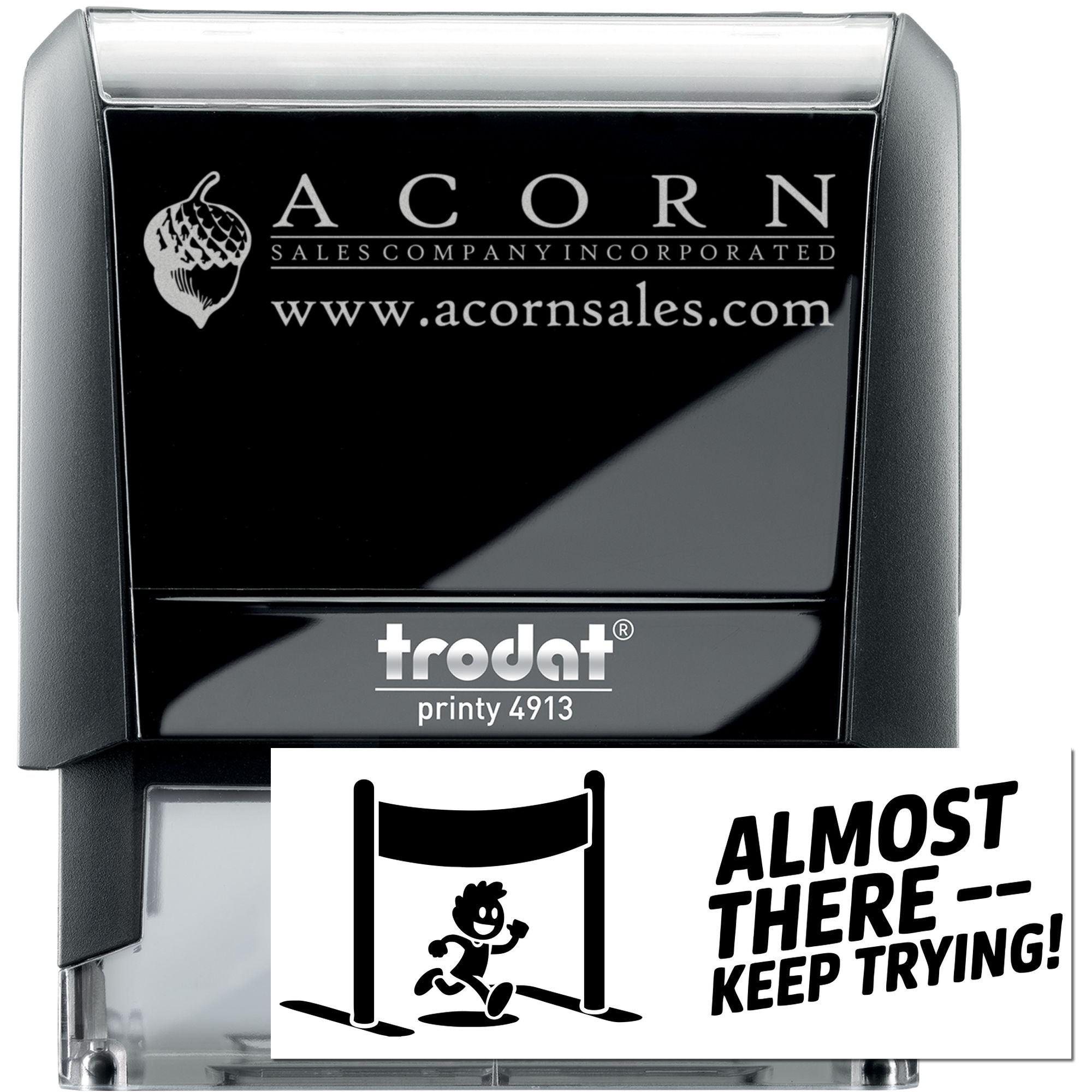 Trodat Printy 4913 custom self-inking rubber stamp with Acorn Sales Company logo and website for business branding