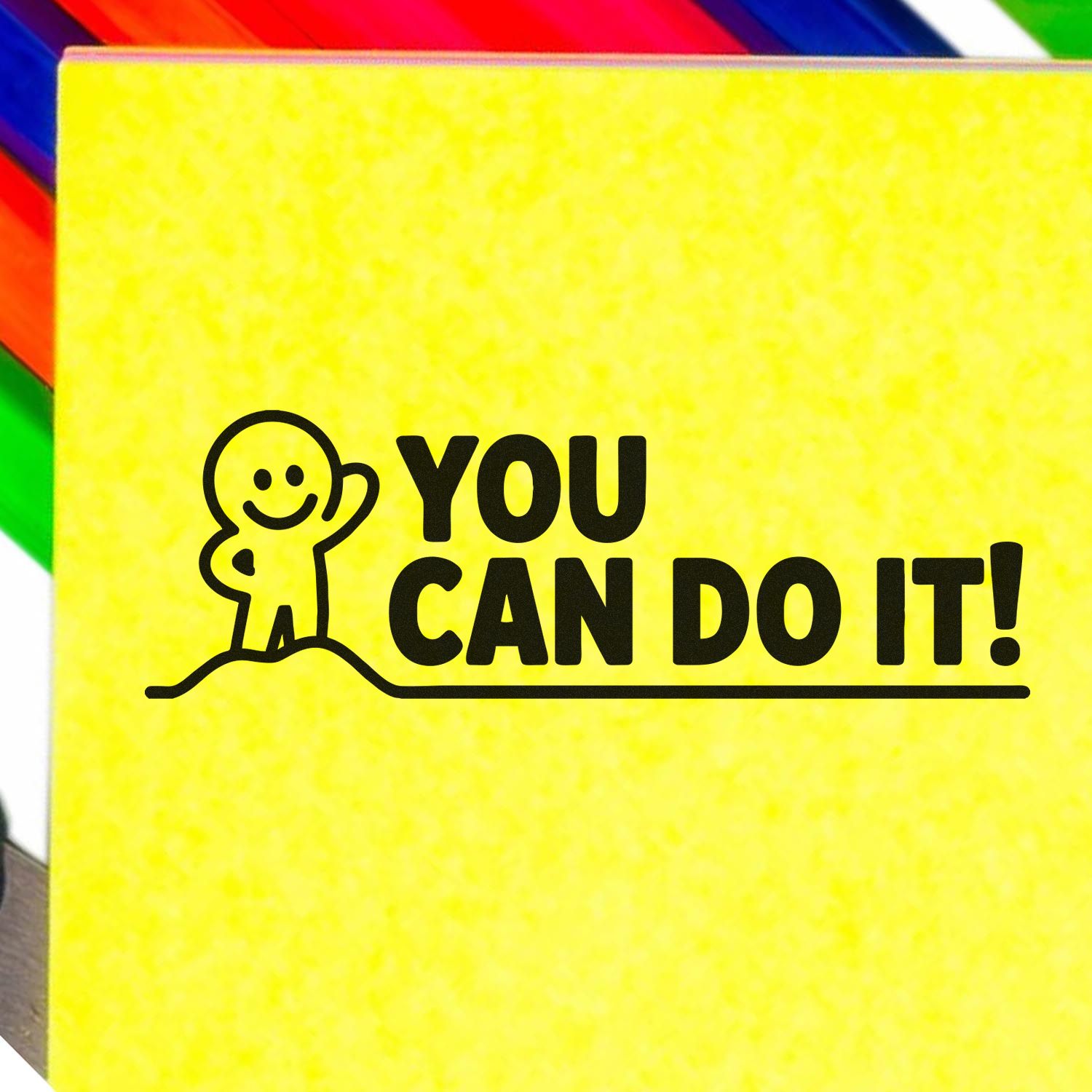You Can Do It motivational rubber stamp design with cheering figure on bright yellow background for encouragement.