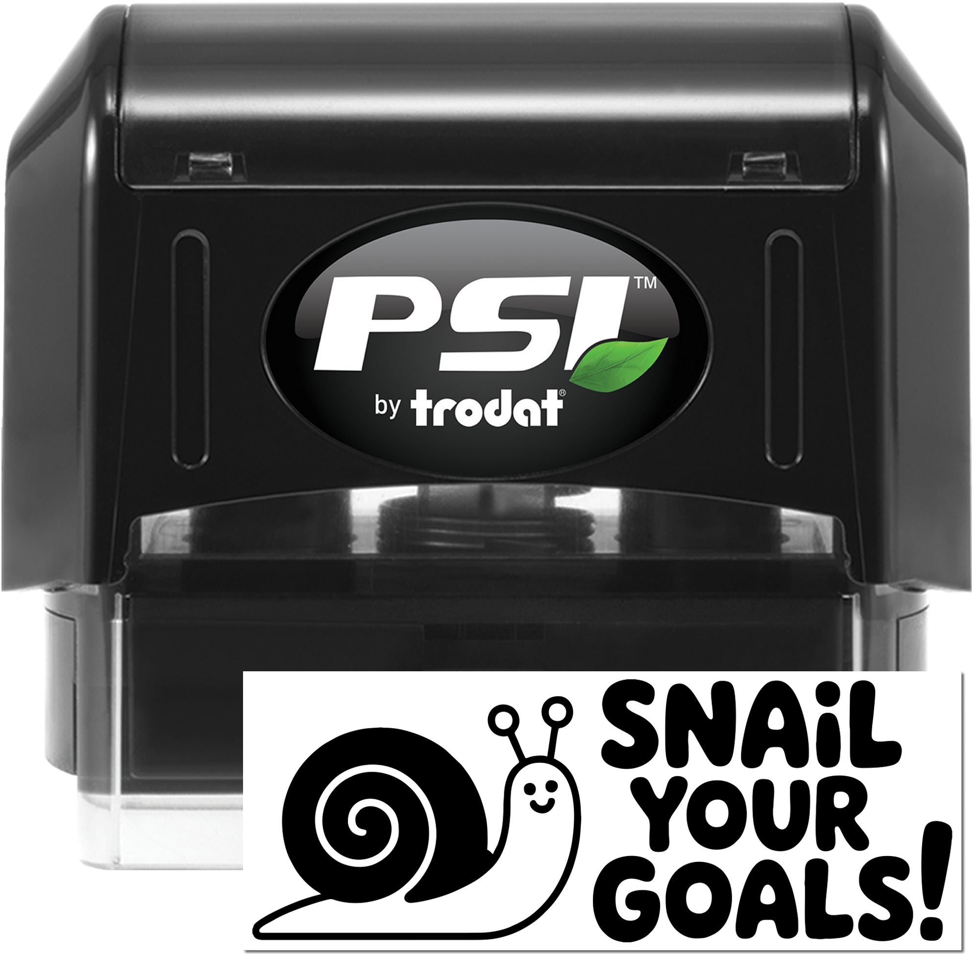PSI by Trodat self-inking rubber stamp with Snail Your Goals design for custom motivational stamping.