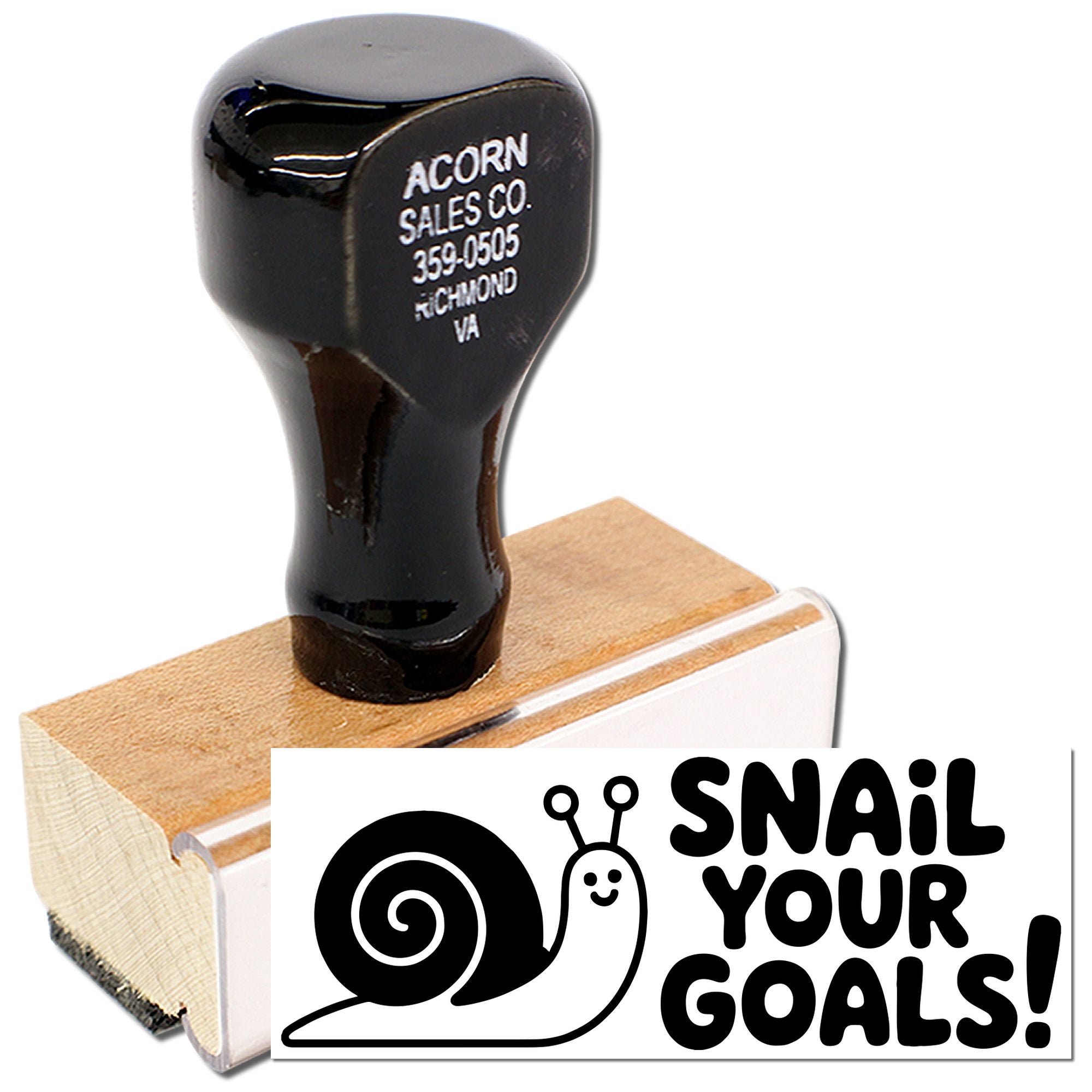 Custom rubber stamp with snail design and Snail Your Goals! slogan for business branding and motivational crafting.