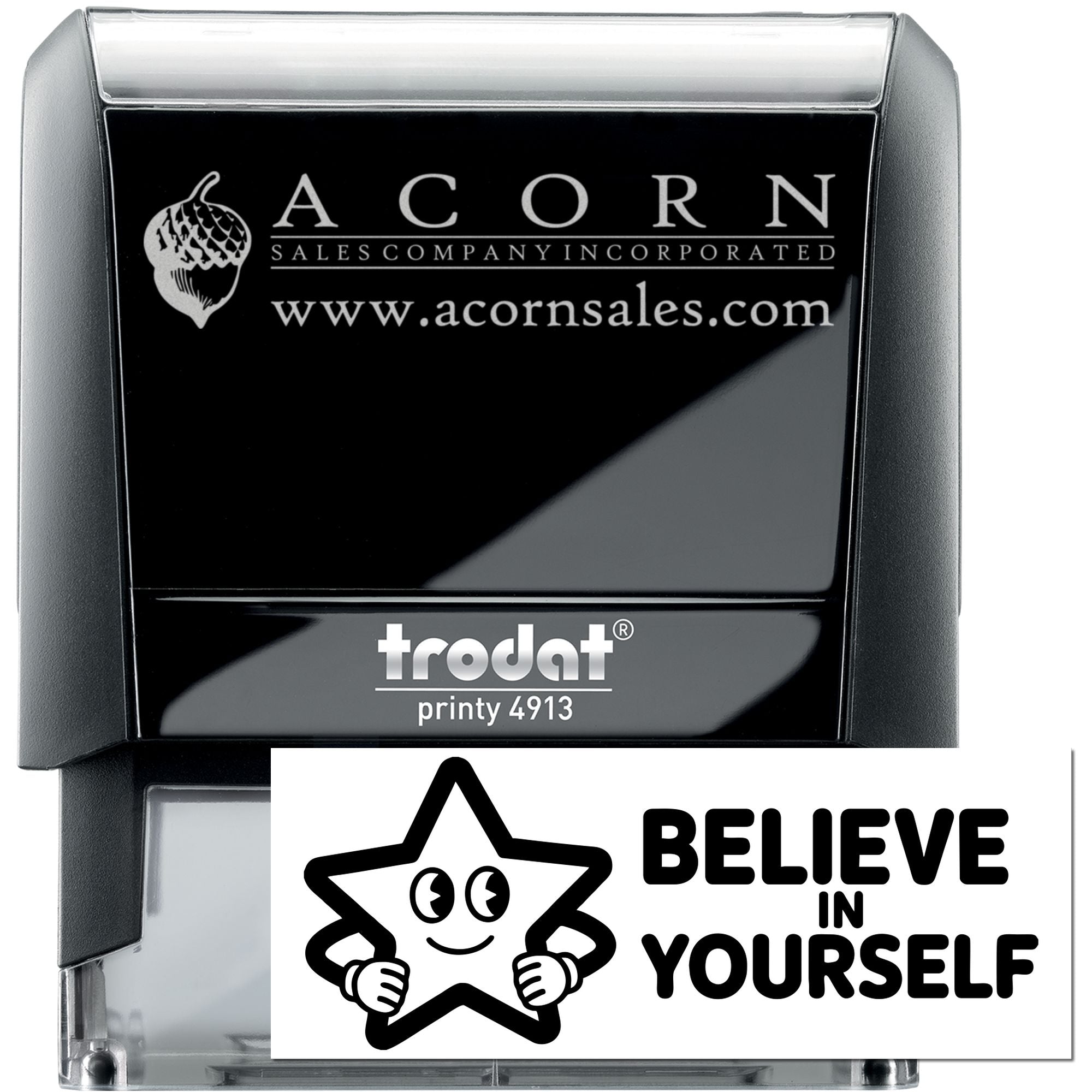 Custom self-inking rubber stamp with Acorn Sales logo and Believe in Yourself design for branded business use.