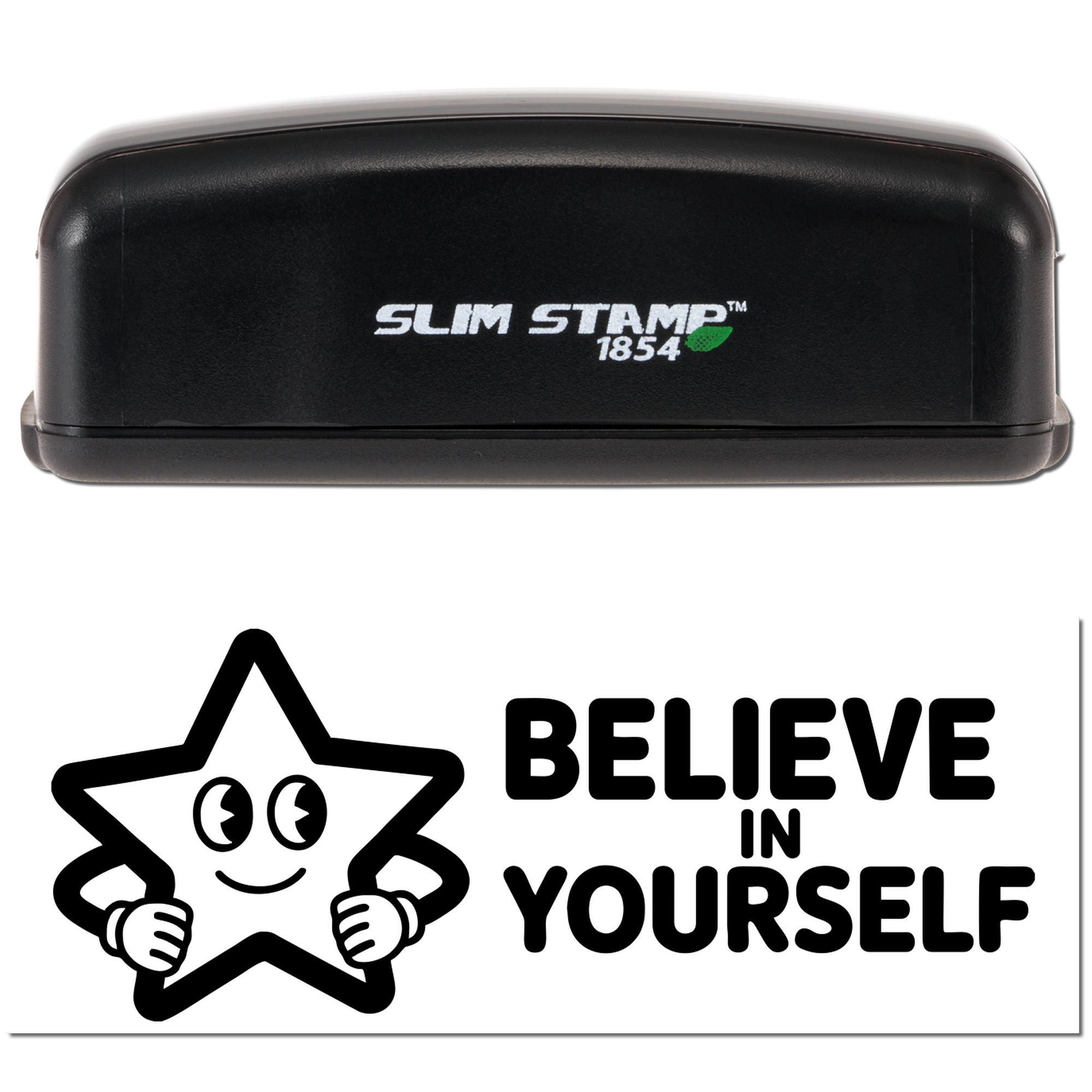 Slim Stamp 1854 rubber stamp with Believe in Yourself motivational design and smiling star icon for custom stamping