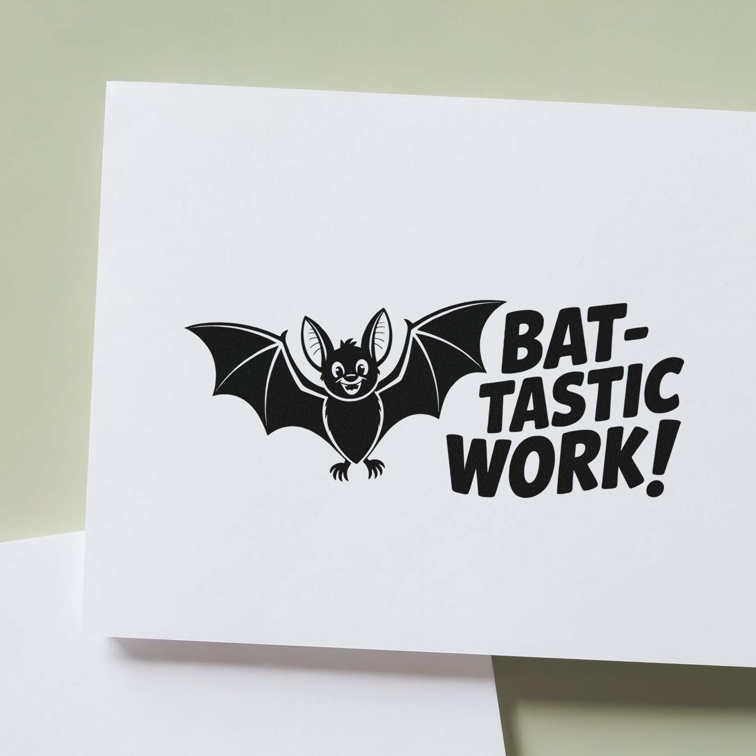 Bat-tastic Work rubber stamp impression with a cute bat design, perfect for Halloween cards and craft projects.
