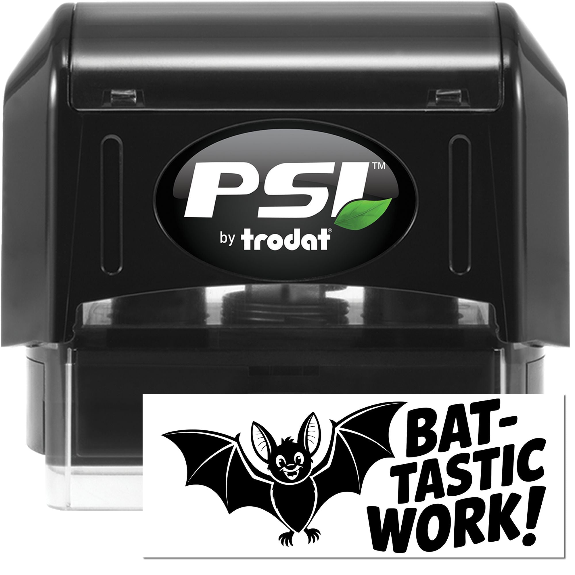 PSI by Trodat self-inking rubber stamp with bat design and Bat-tastic Work! impression for custom praise stamping