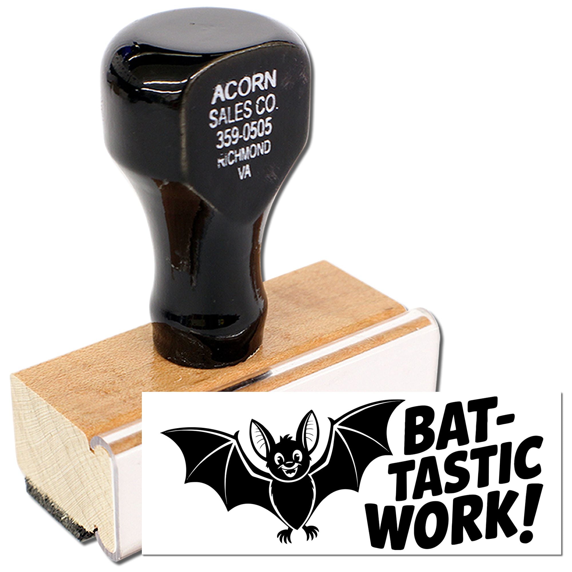 Custom bat-themed rubber stamp with wood handle, ideal for Halloween crafts and playful Bat-tastic Work branding.
