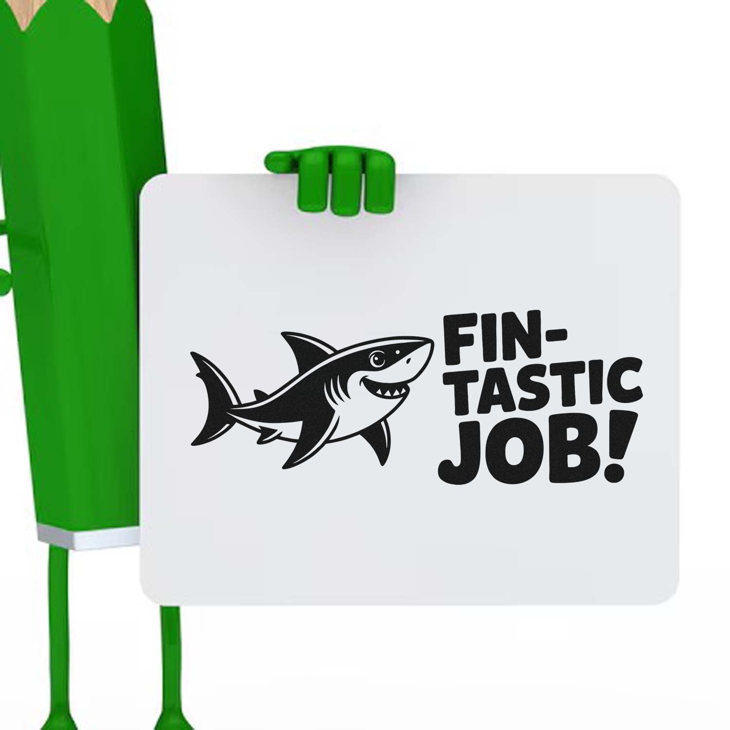 Shark Fin-tastic Job rubber stamp design with cartoon shark and bold motivational text for rewarding achievements.