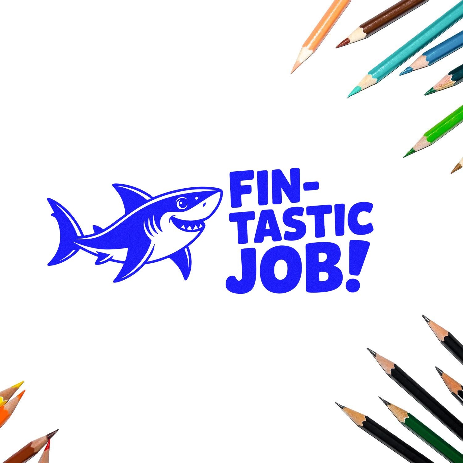 Fin-tastic Job shark rubber stamp for teachers, grading, and student reward feedback.