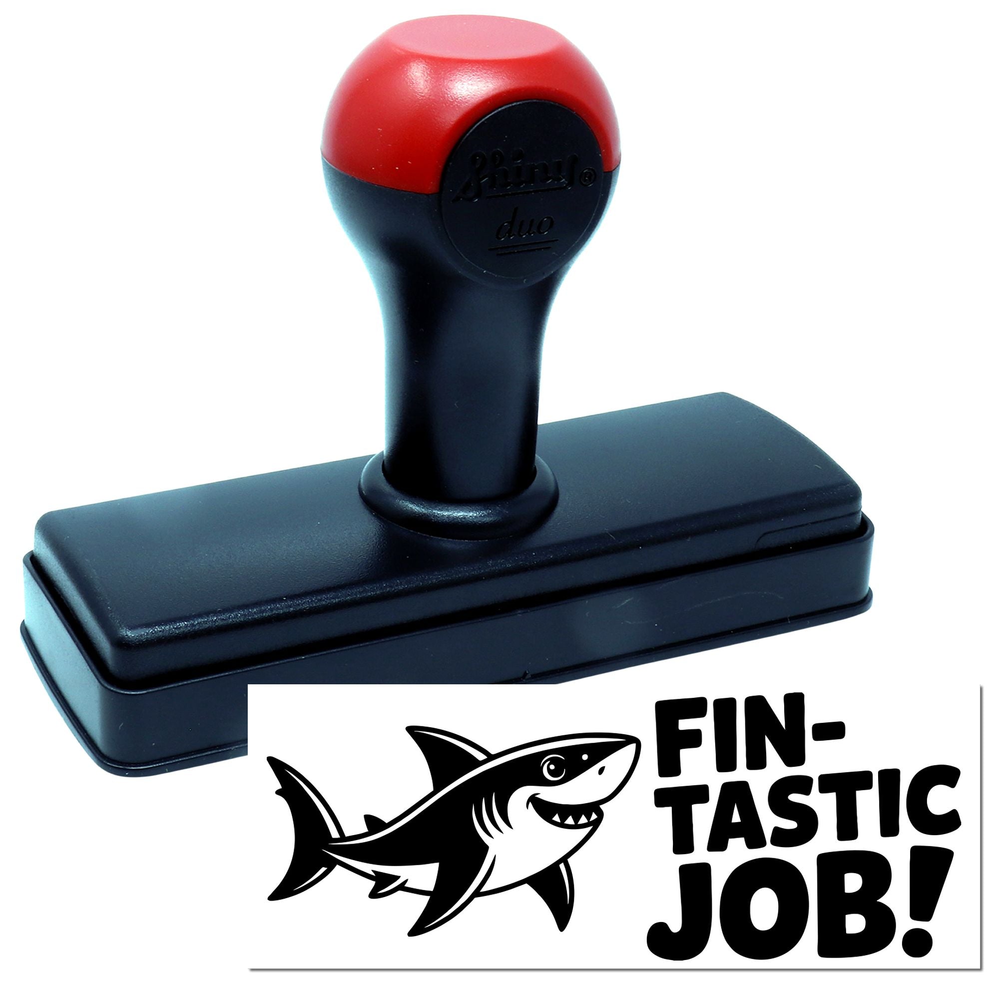 Self-inking rubber stamp with shark Fin-tastic Job! design for fun classroom rewards, business approvals, or praise.
