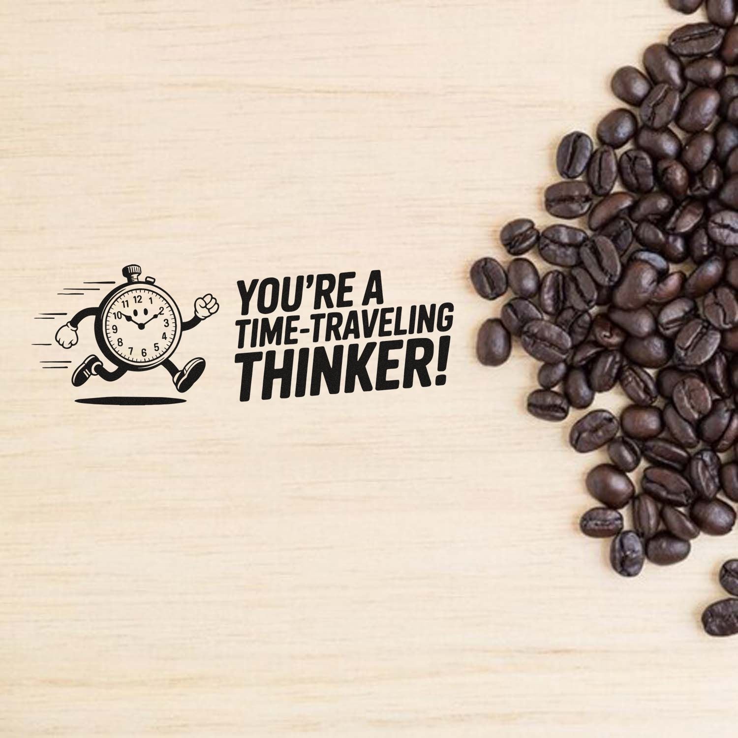 Coffee-themed rubber stamp saying Youre a time-traveling thinker! with stopwatch graphic beside coffee beans.