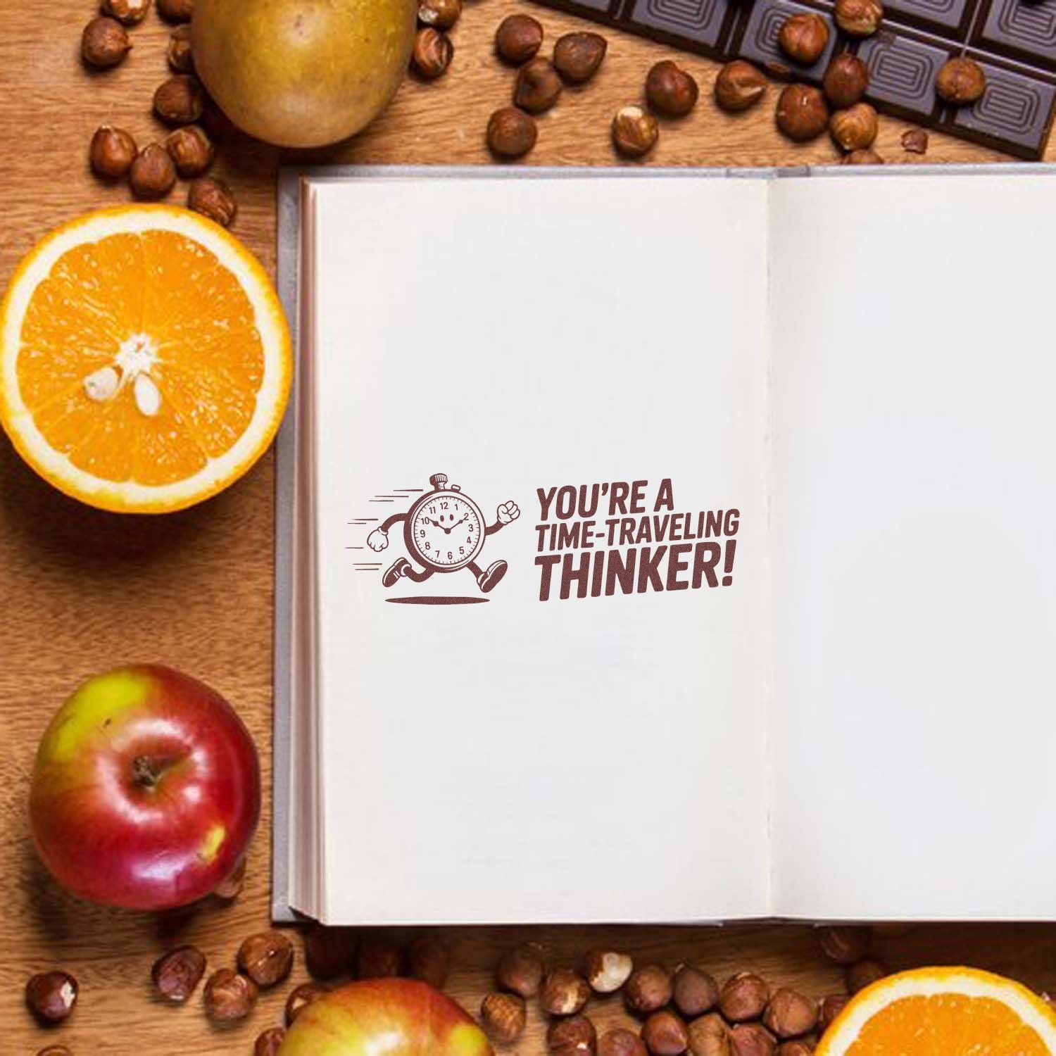 Custom rubber stamp design in open notebook: Youre a time-traveling thinker! with a running clock character.