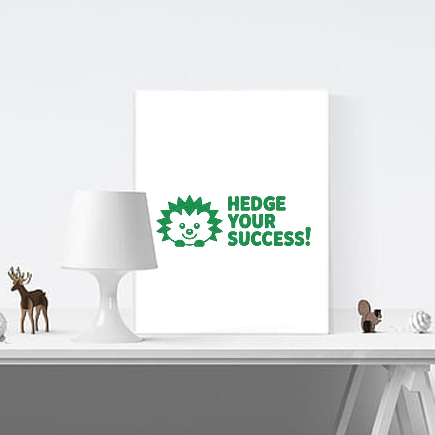Green hedgehog rubber stamp design with Hedge Your Success! slogan on a white card display.
