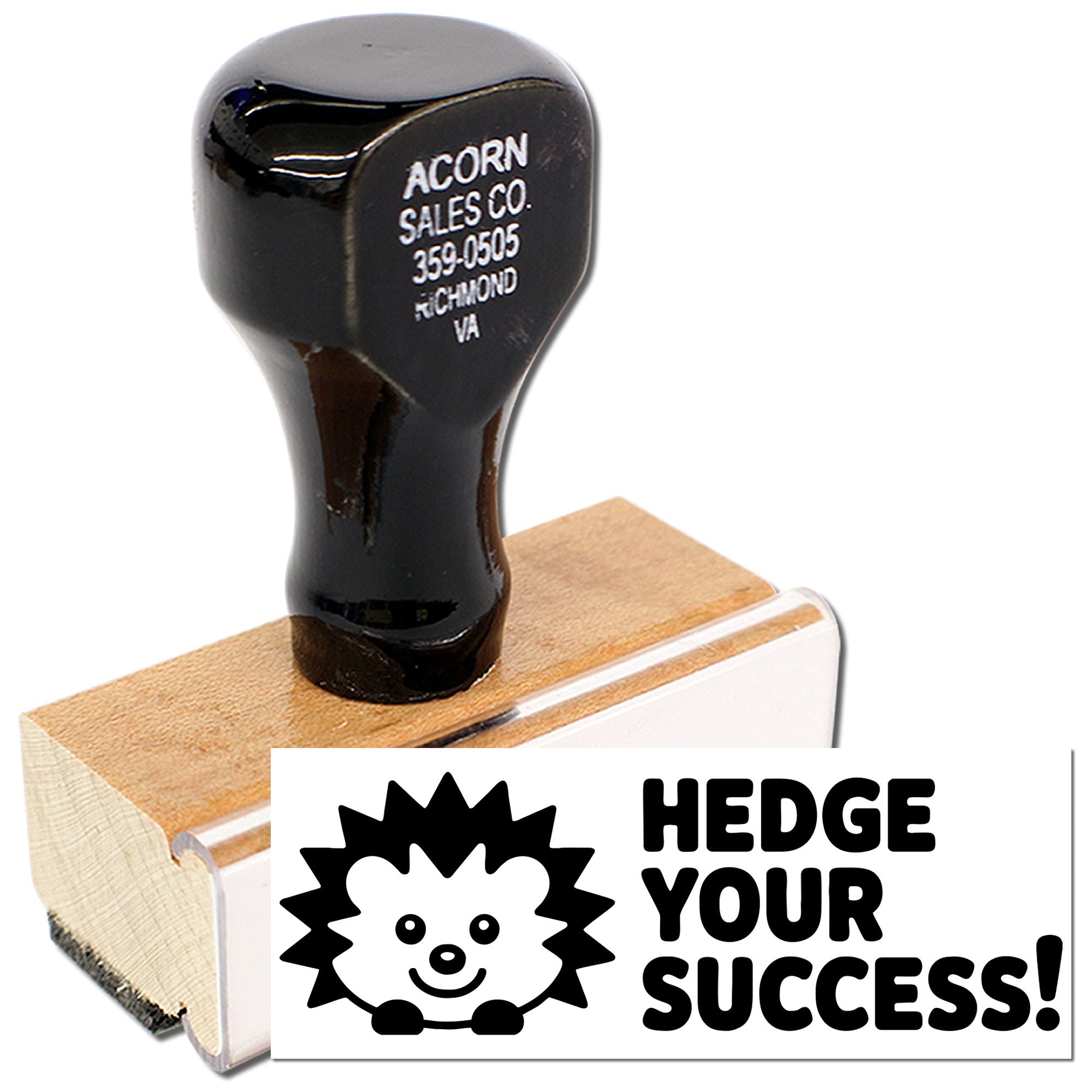 Custom rubber stamp with hedgehog logo and Hedge Your Success! slogan for branding business packaging and promotions