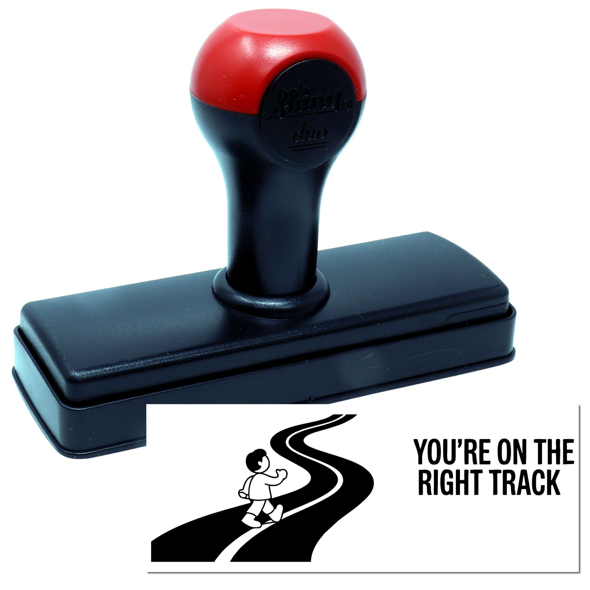 Self-inking rubber stamp with Youre on the Right Track motivational message for office, school, and encouragement.