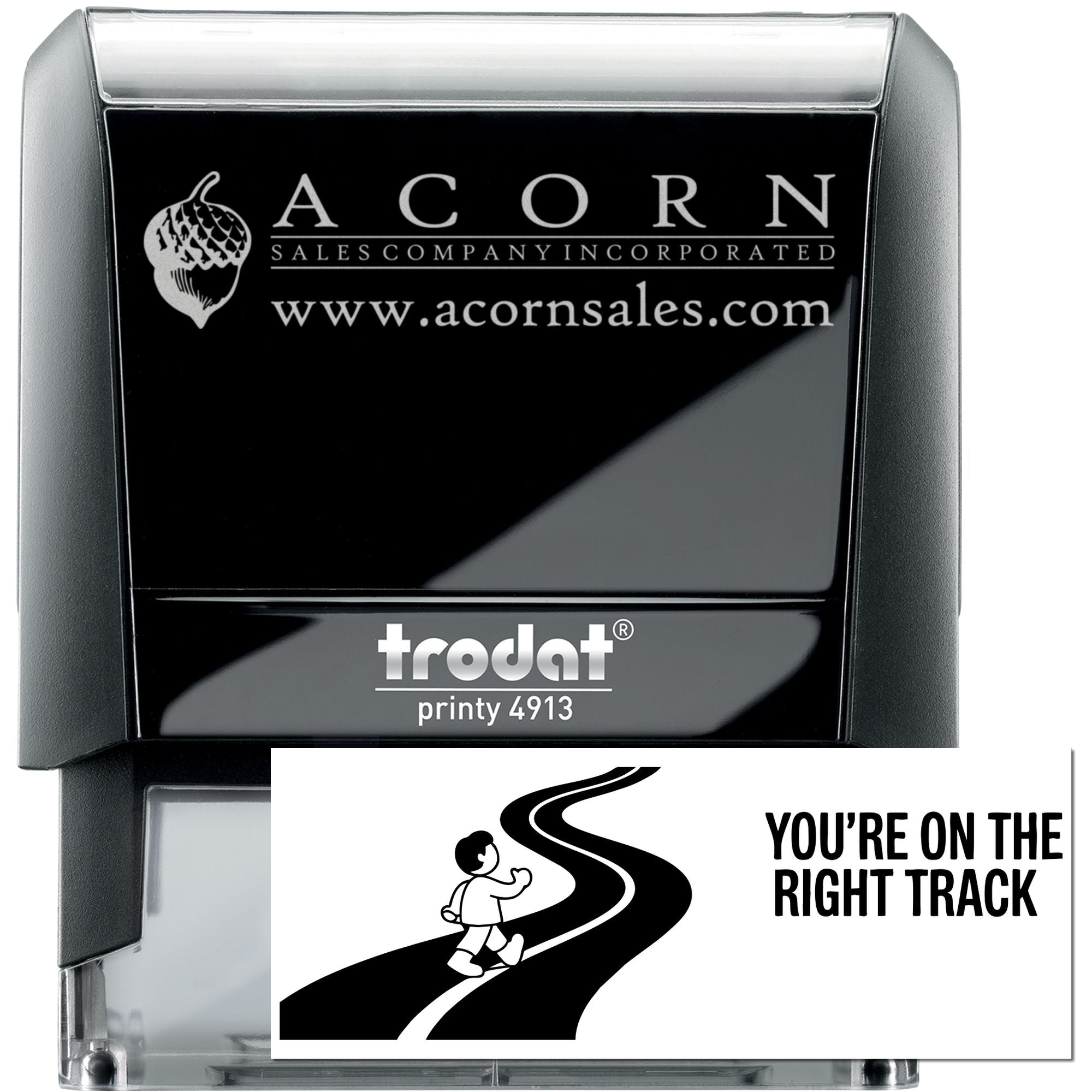 Custom self-inking rubber stamp for business branding, Trodat Printy 4913, with Acorn Sales logo and website imprint.