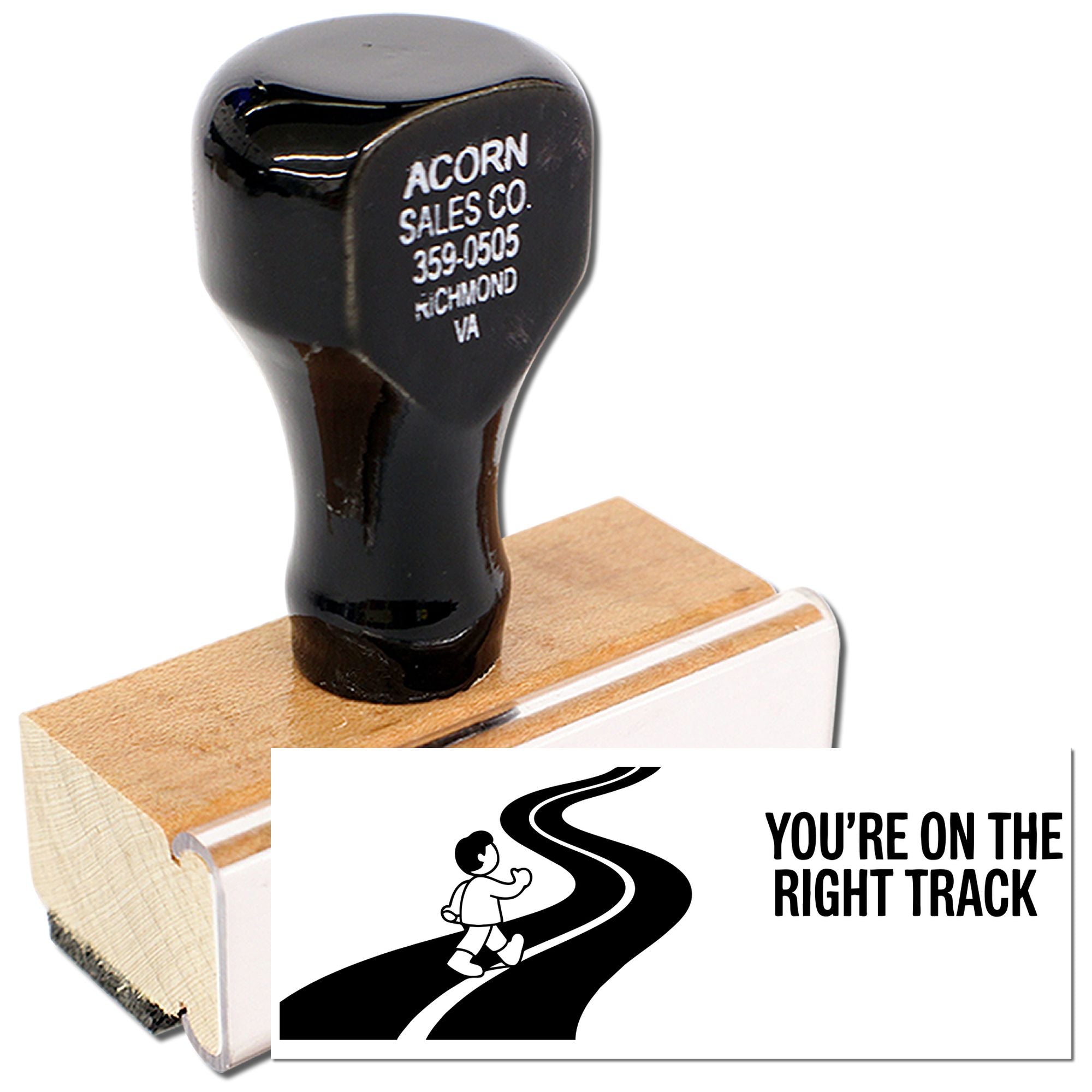 Custom wooden rubber stamp with Youre on the Right Track message for business branding and motivation.
