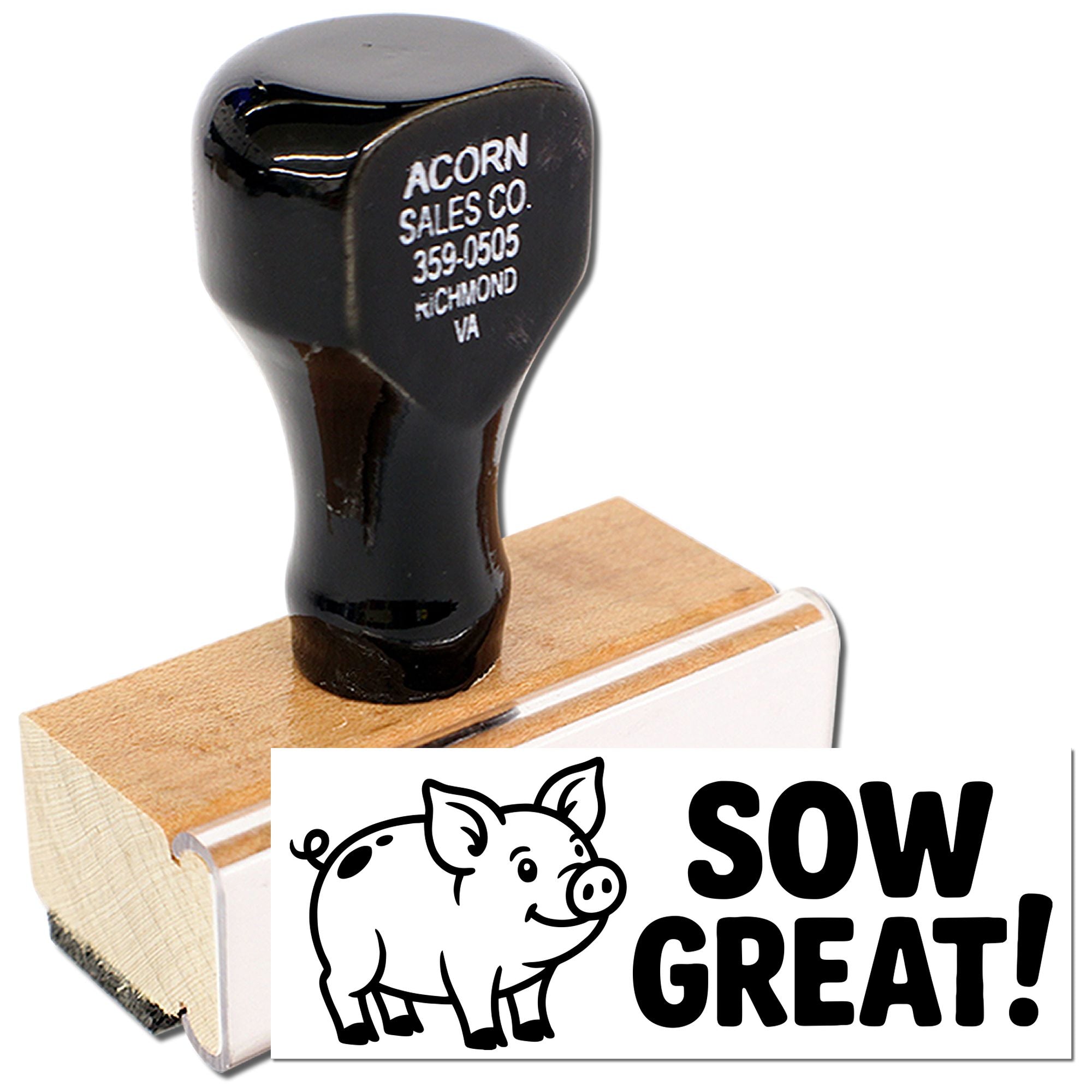 Pig-themed rubber stamp with Sow Great! slogan for farm crafts, packaging, and custom stationery.