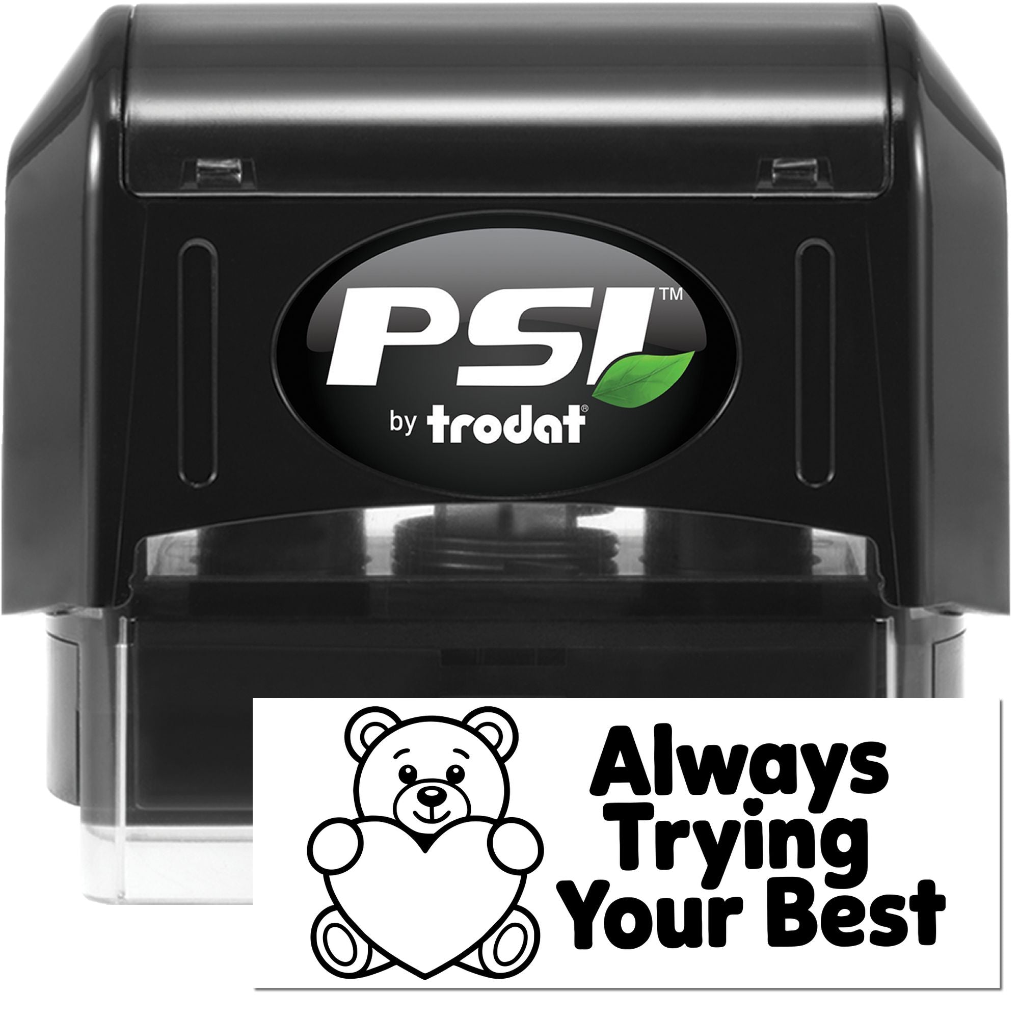 Self-inking rubber stamp with Always Trying Your Best bear design for teacher praise and classroom reward use.