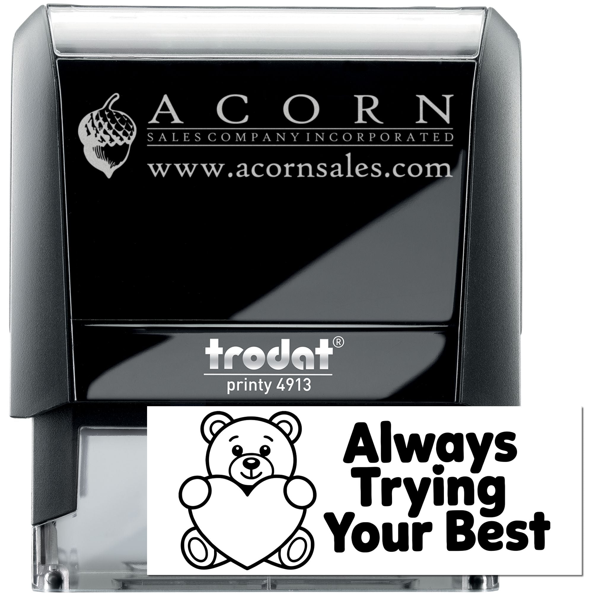 Custom self-inking rubber stamp with Acorn Sales logo and Always Trying Your Best bear design for branding.