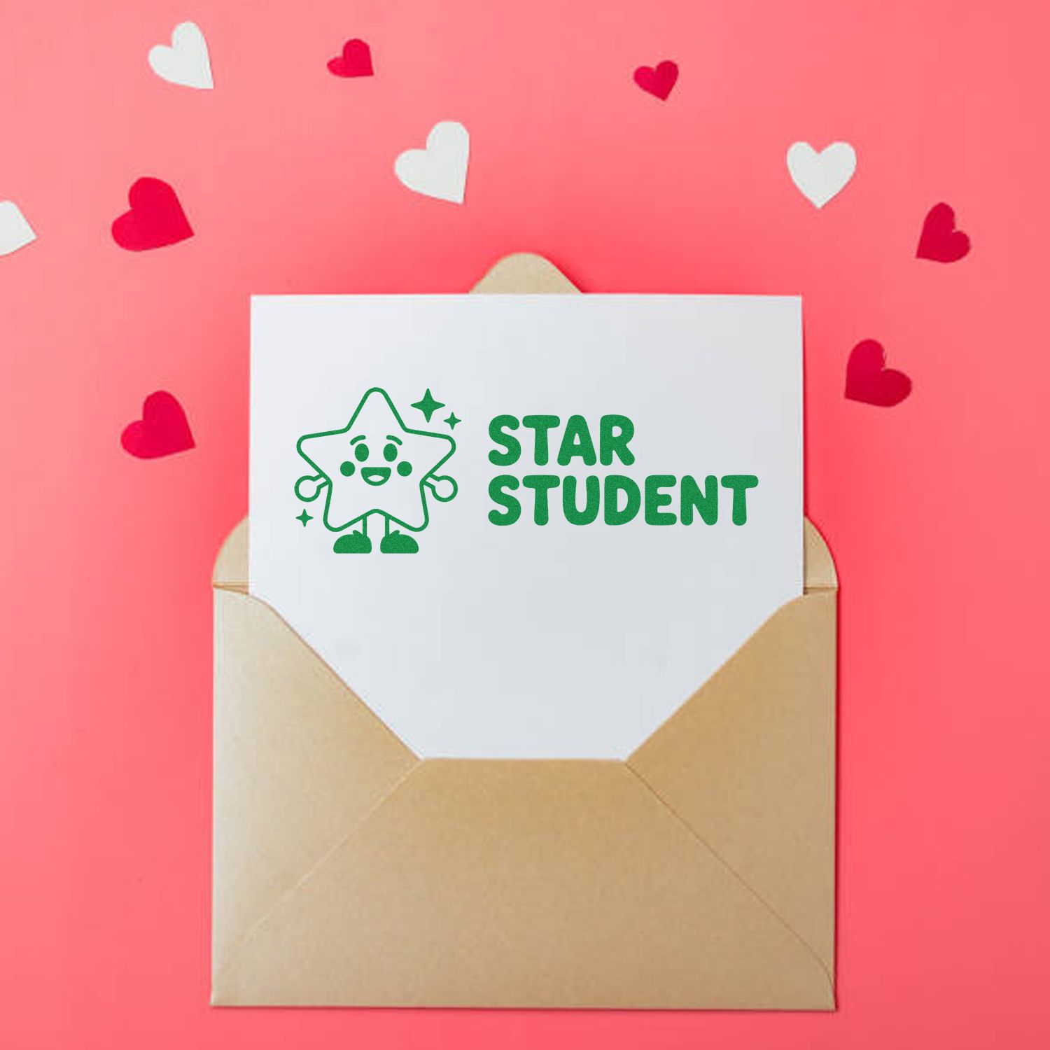 Star Student rubber stamp on a card in an envelope, perfect for school rewards and student recognition.