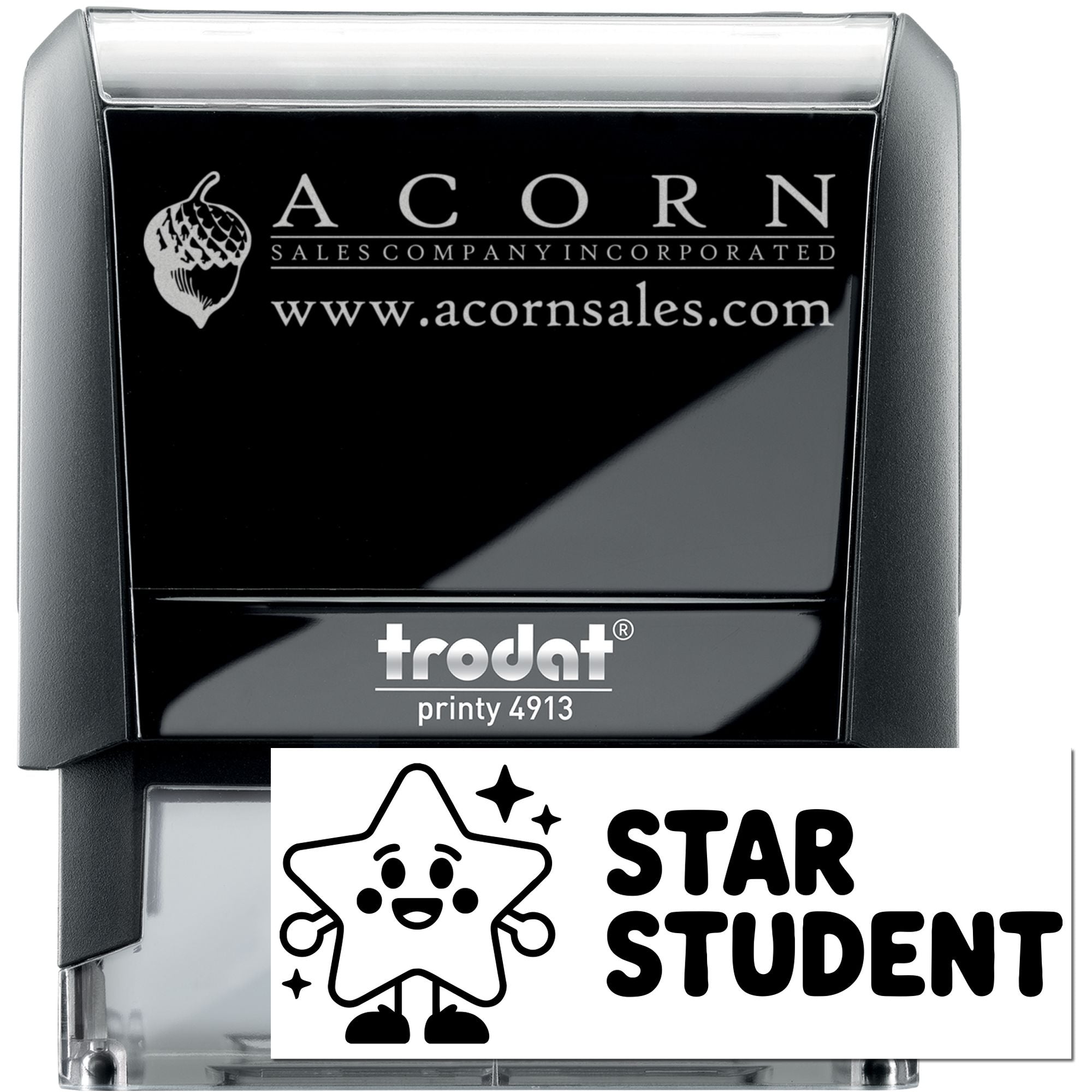 Trodat Printy 4913 self-inking custom rubber stamp with Acorn Sales logo and Star Student design