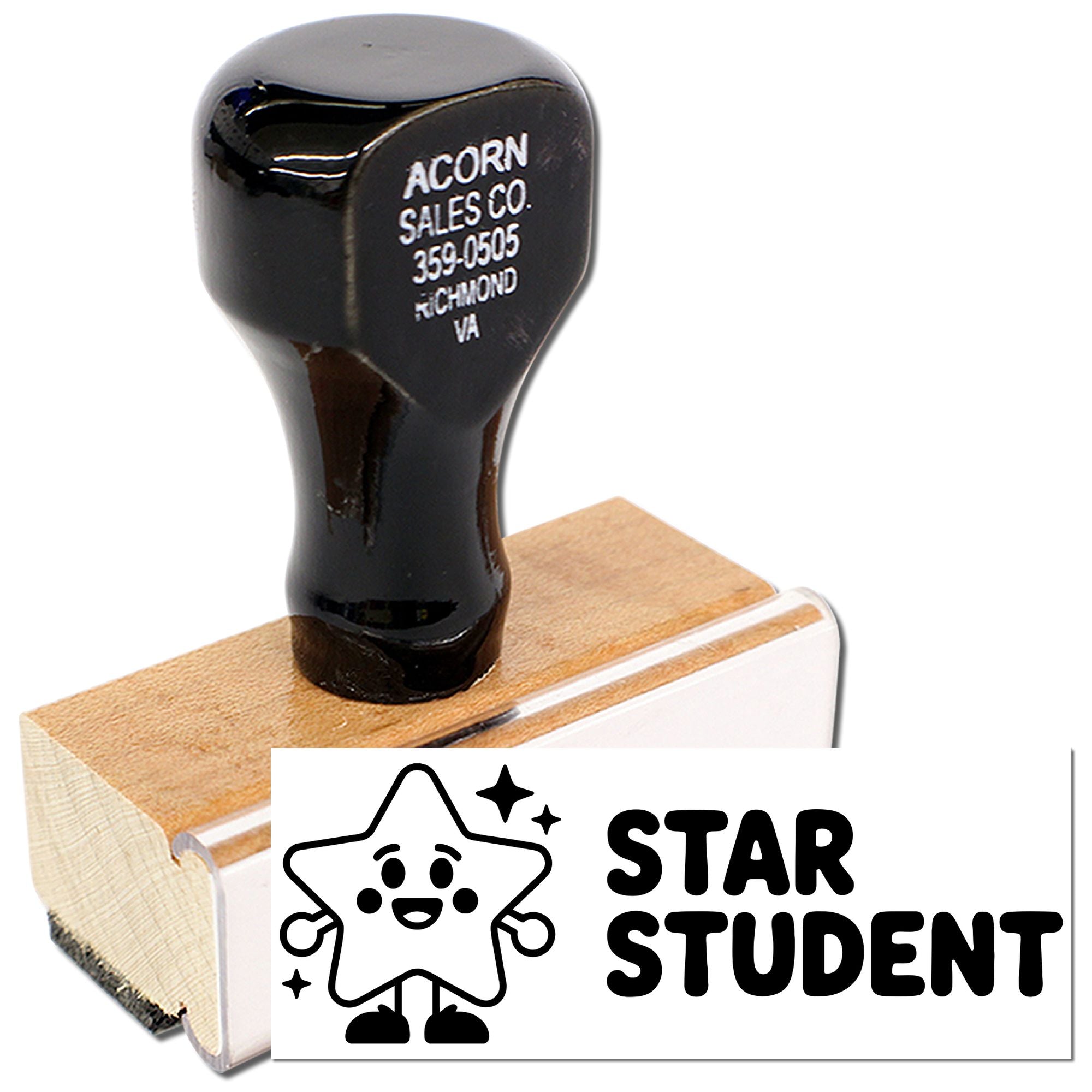 Star Student custom rubber stamp for teachers, shown on a wooden handle stamp with sample imprint.