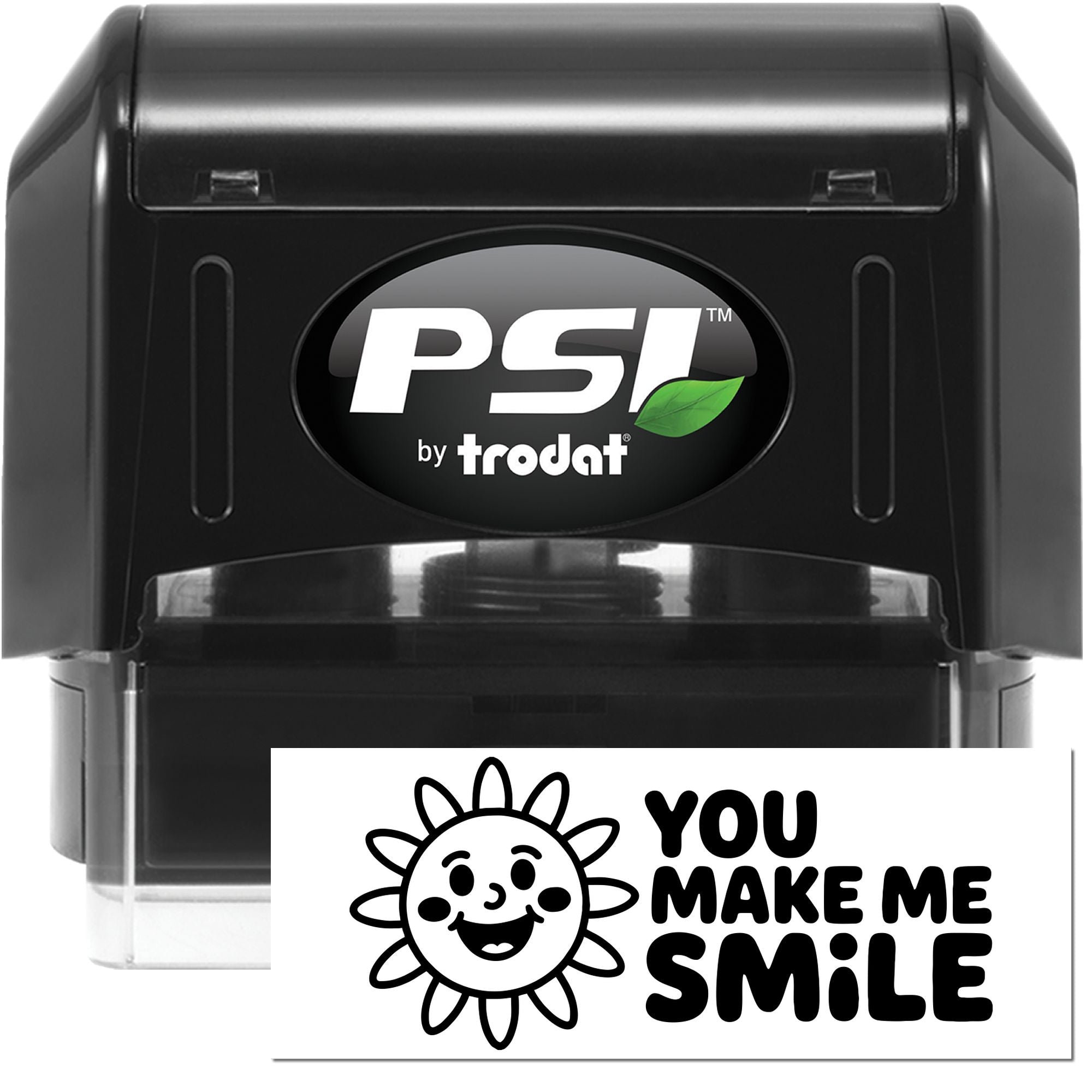 PSI by Trodat self-inking rubber stamp with You Make Me Smile design, ideal for custom business or gift stamping.