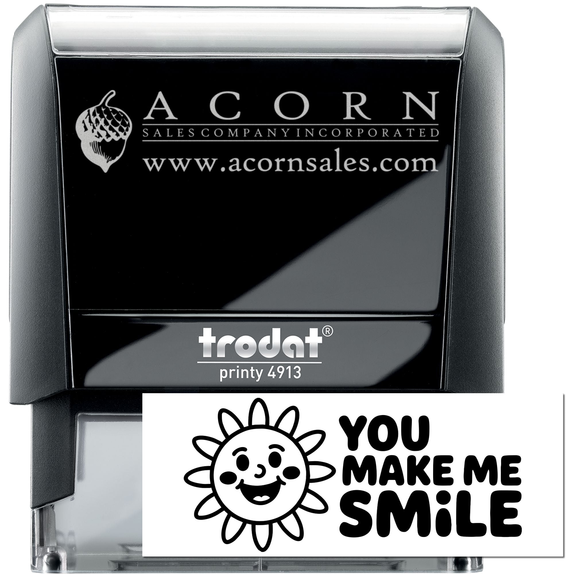 Custom self-inking rubber stamp, Trodat Printy 4913, featuring Acorn Sales logo and "You Make Me Smile" design.