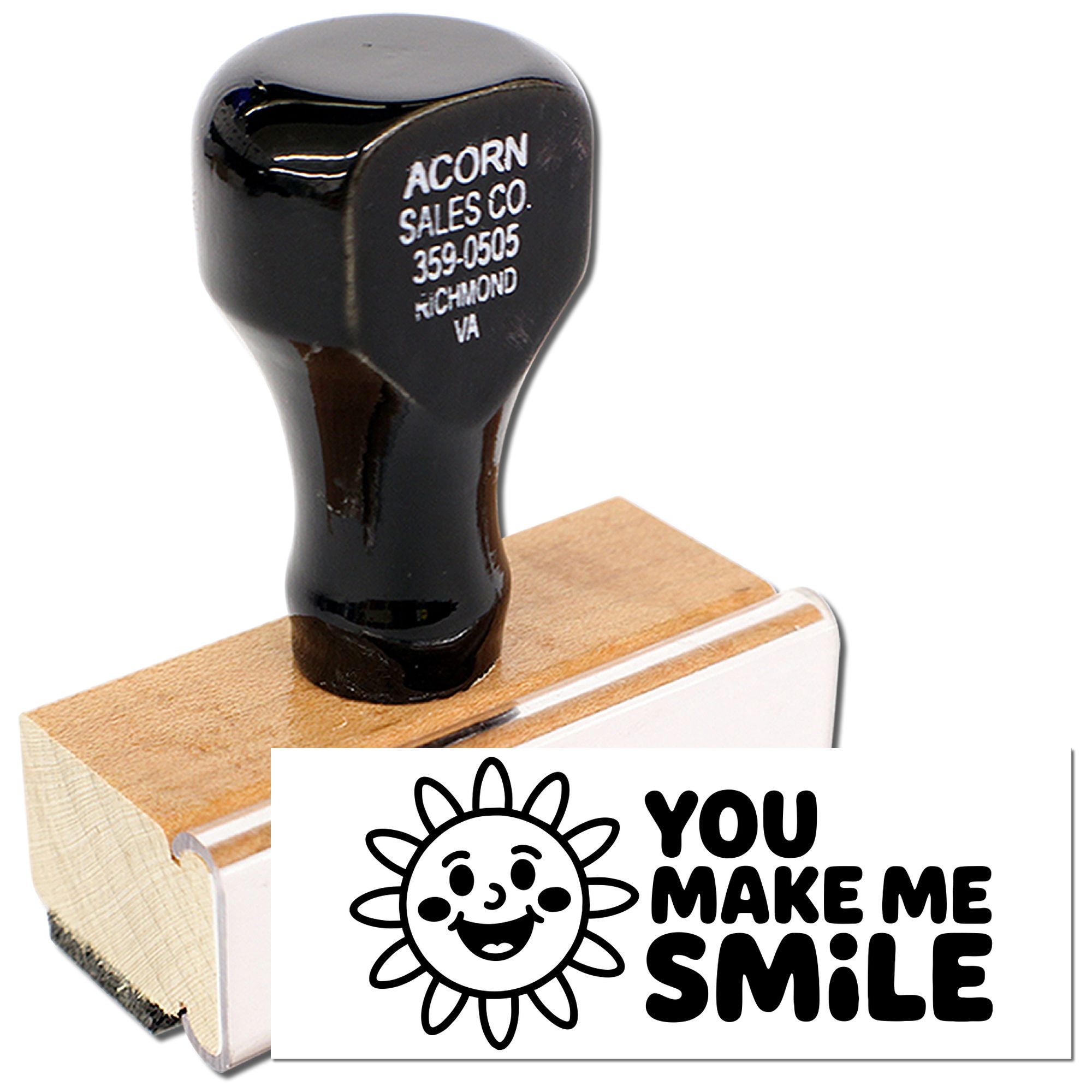 Custom rubber stamp with You Make Me Smile design and business return address imprint for personalized branding.