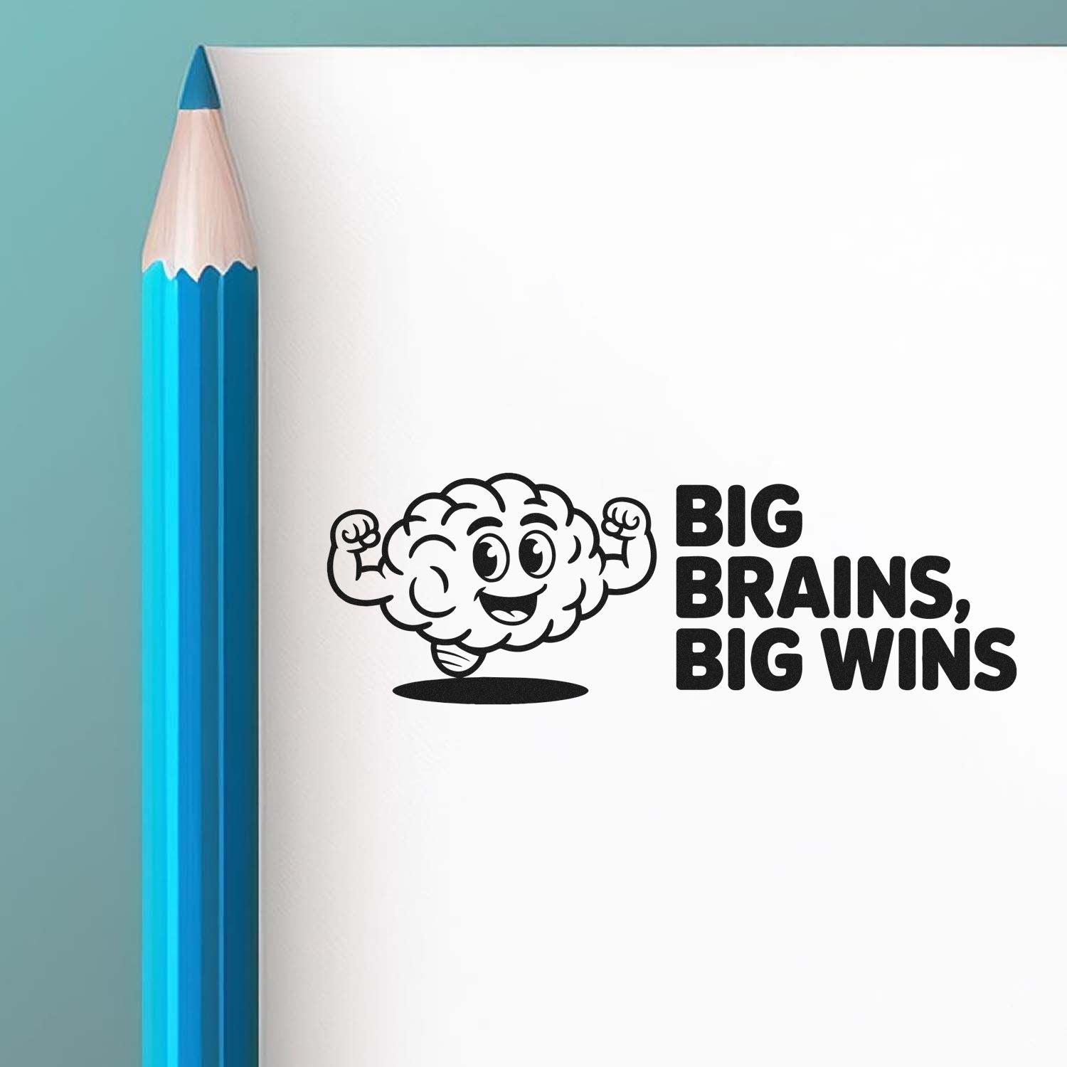 Big Brains, Big Wins rubber stamp design with flexing brain mascot, perfect for motivational school rewards and grading.