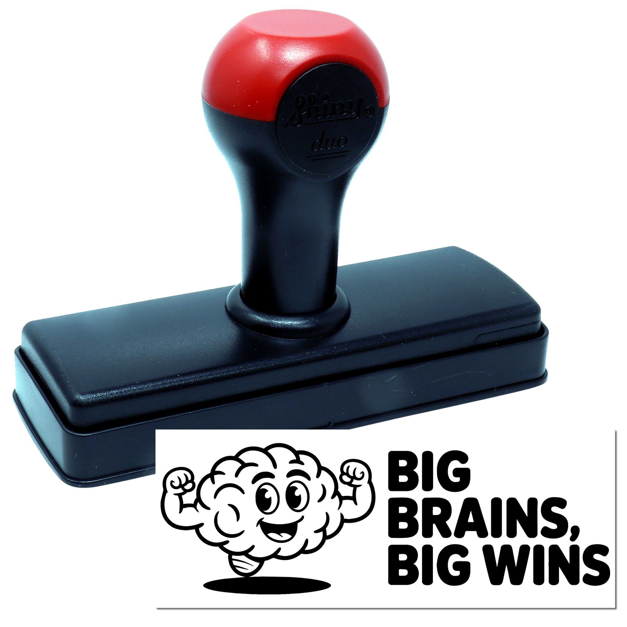 Self-inking rubber stamp with Big Brains, Big Wins motivational brain design for classroom rewards and teacher use.