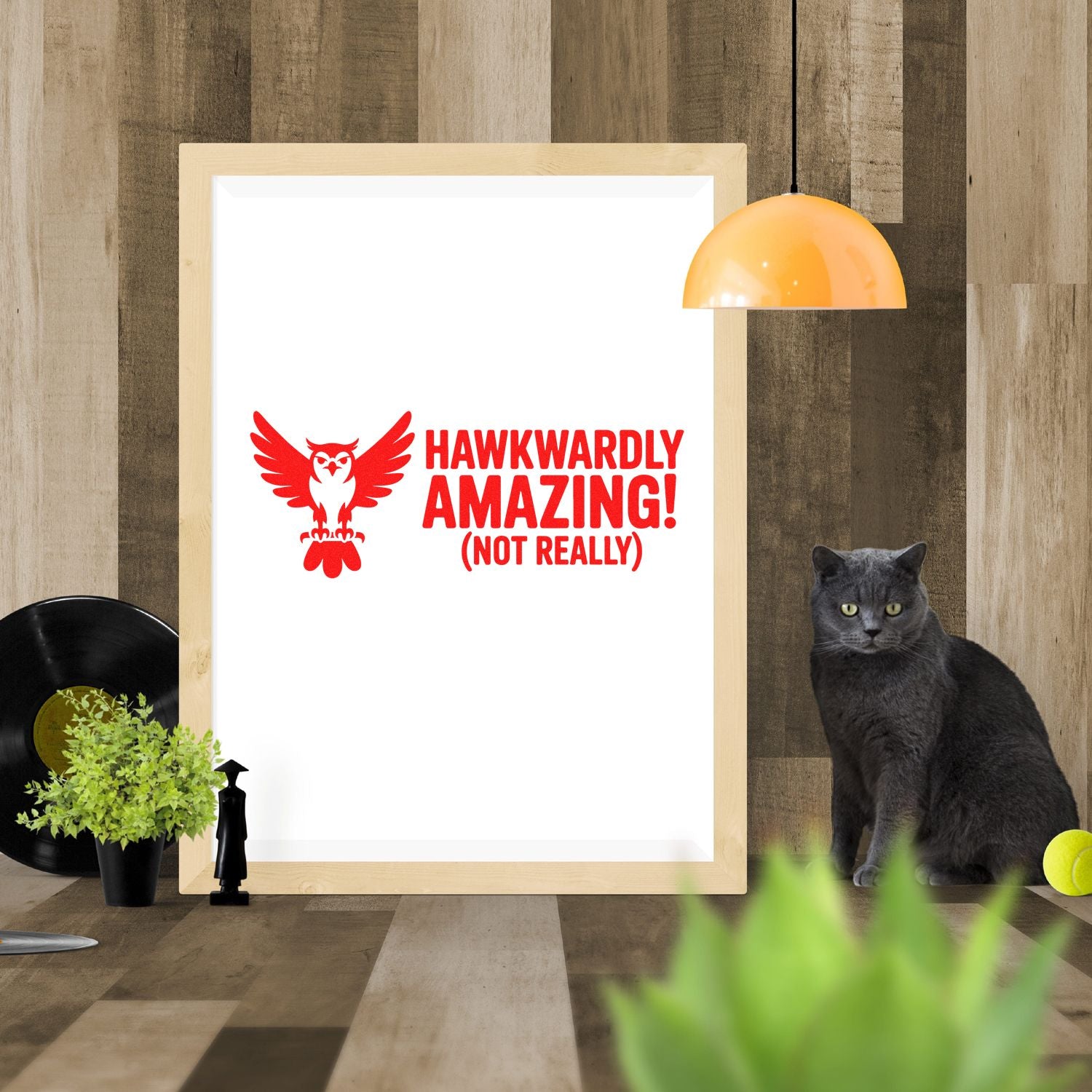 Funny owl rubber stamp design with Hawkwardly Amazing! (Not Really) text for sarcastic cards, crafts, and stationery.
