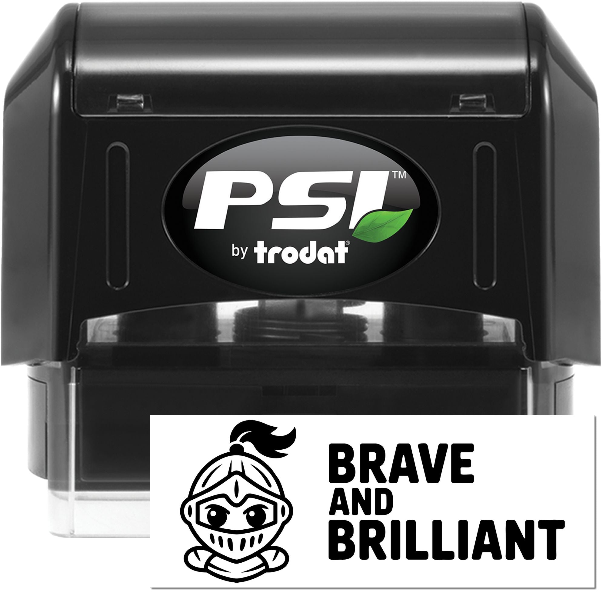 PSI by Trodat self-inking rubber stamp with Brave and Brilliant knight design for custom personalized stamping.